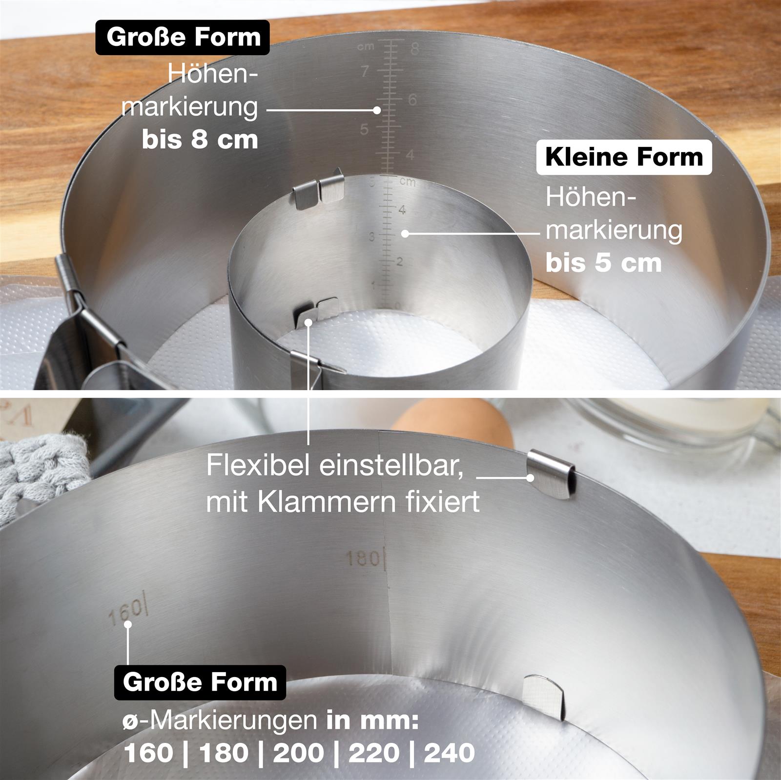 Dieses Bild zeigt ein rundes Backrahmen-Set von moritzundmoritz, bestehend aus mehreren stapelbaren Ringen, die ideal zum Backen verschieden großer Kuchen oder Torten geeignet sind.