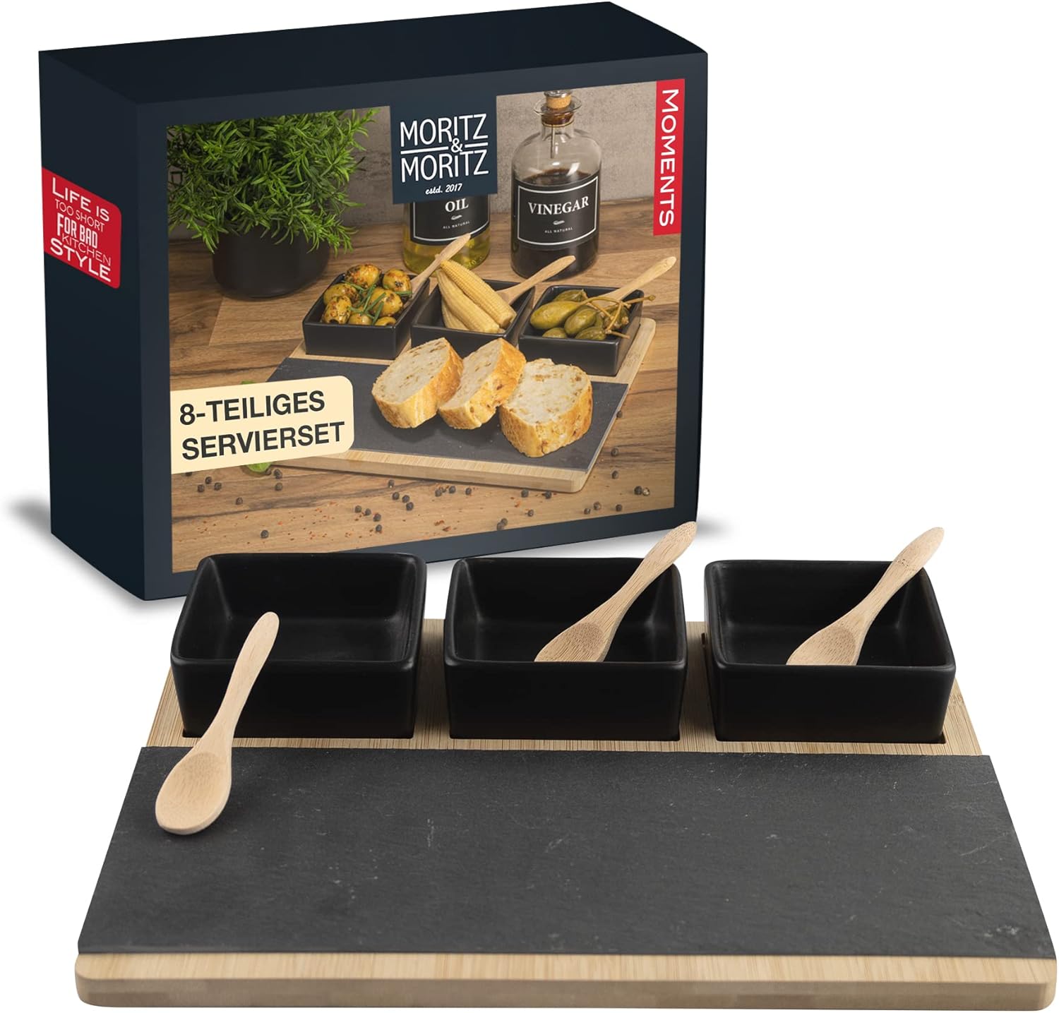 Bambusbrett mit 3 schwarzen Schalen und Schieferplatte inkl. Bambuslöffel