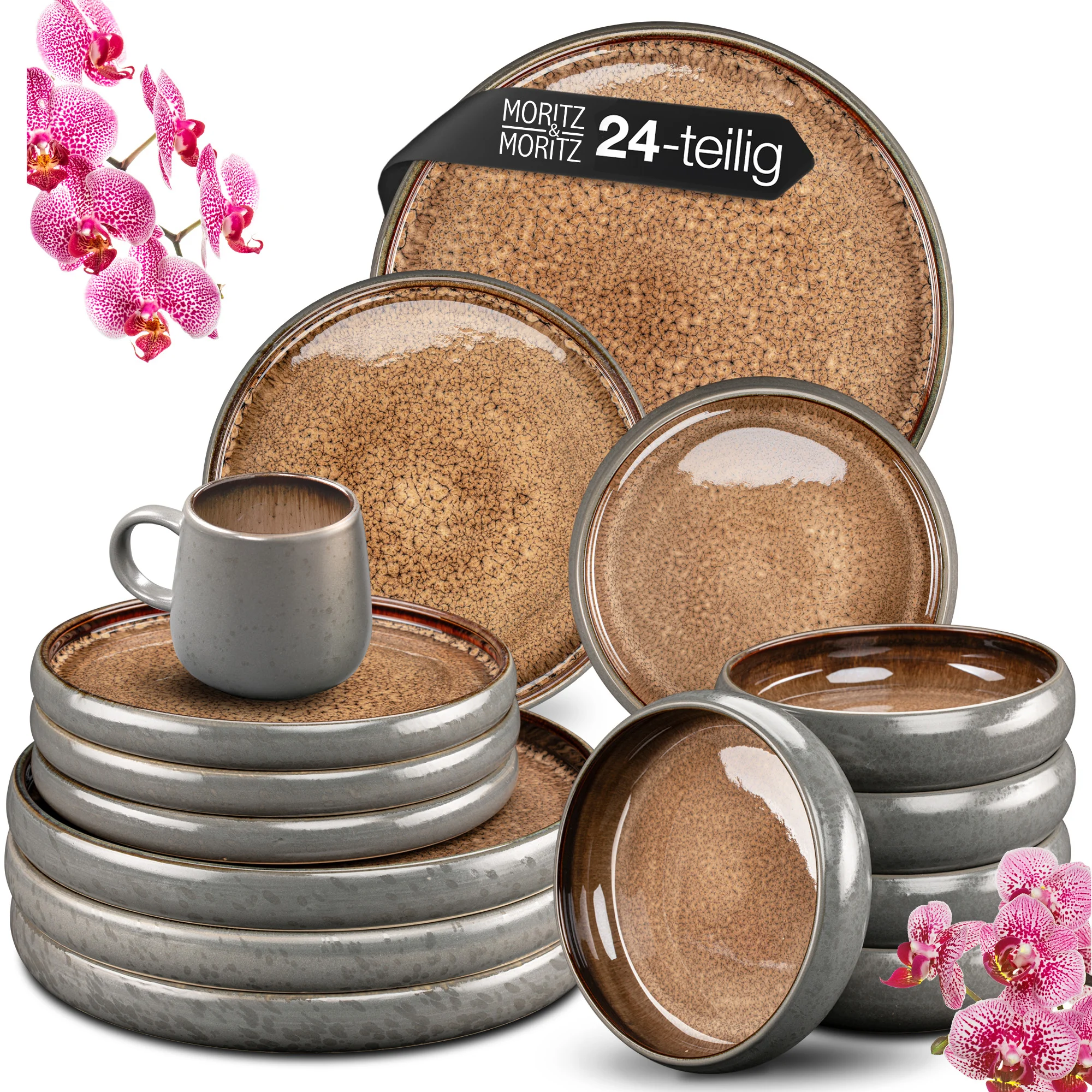 SOLID Geschirr Set 24-teilig Reaktiv Beige, komplett vor weißem Hintergrund