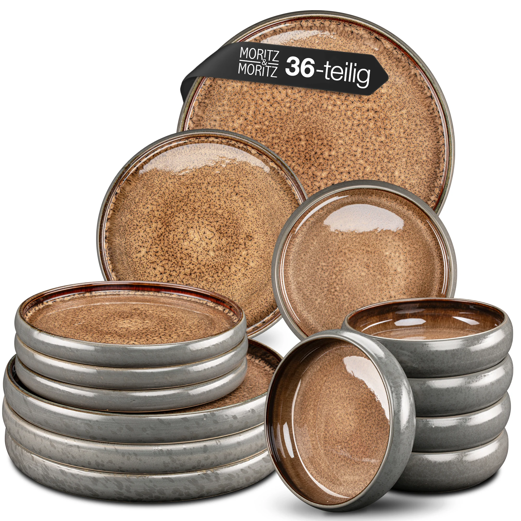 36-teiliges Geschirrset in Beige – Modernes Tafelservice aus Keramik für 6 Personen 36-teiliges beiges Tafelservice aus Keramik, bestehend aus flachen Tellern, tiefen Tellern und Schüsseln, auf einem Tisch dekorativ arrangiert.