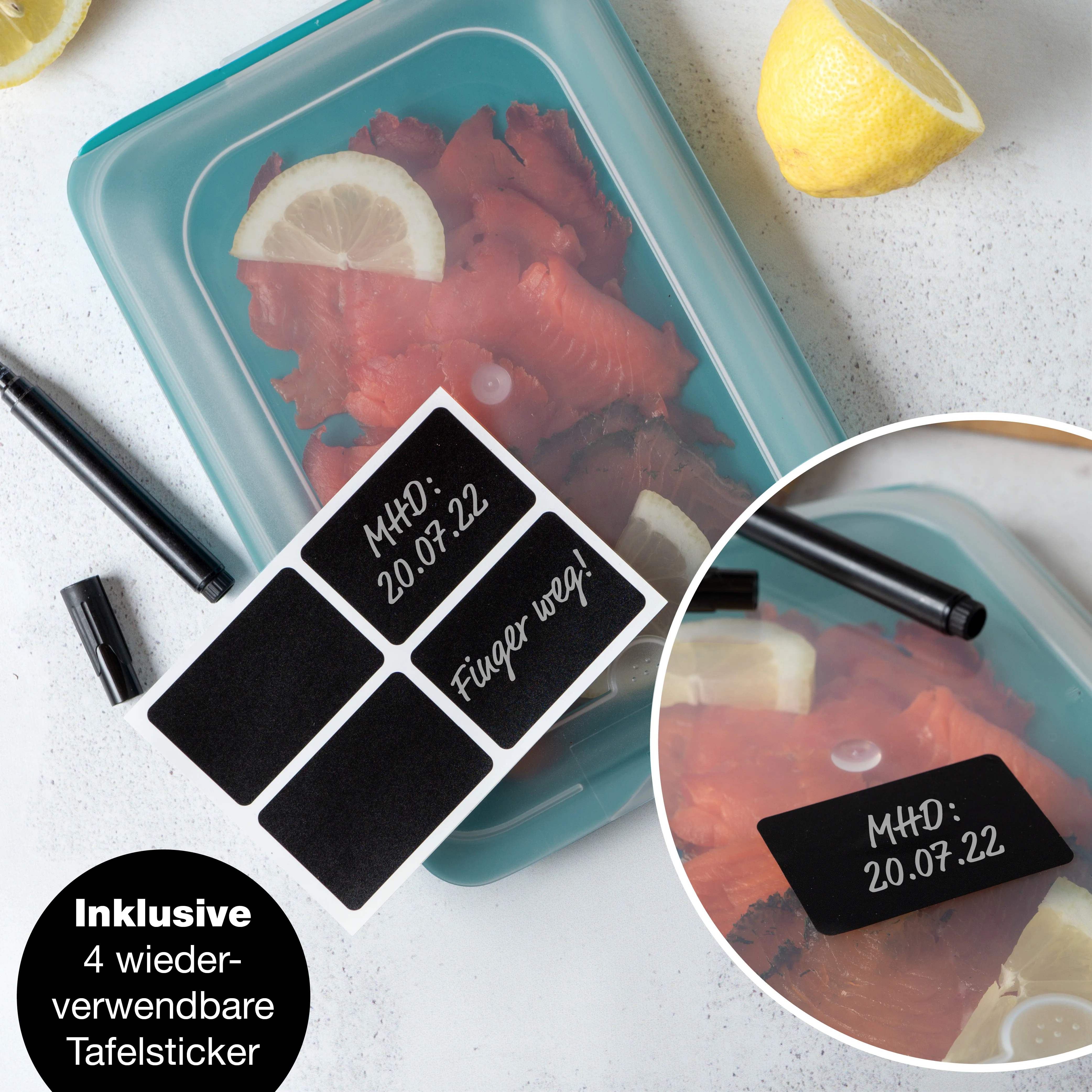 Aufschnittdosen bunt 4er Set, in der Hand gehalten