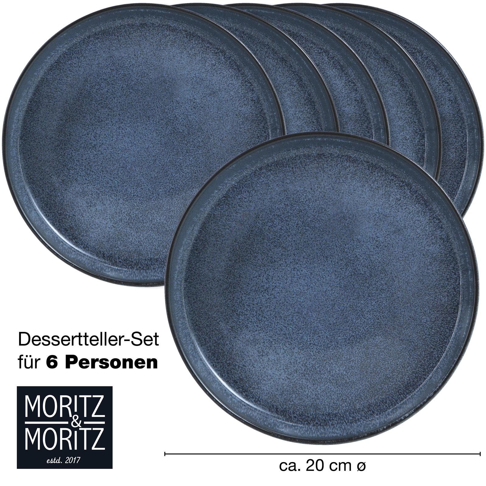 Tellerset in Blau, Sechs blaue Salatteller aus Keramik mit strukturiertem Randmuster, 6-teilig, aus Porzellan