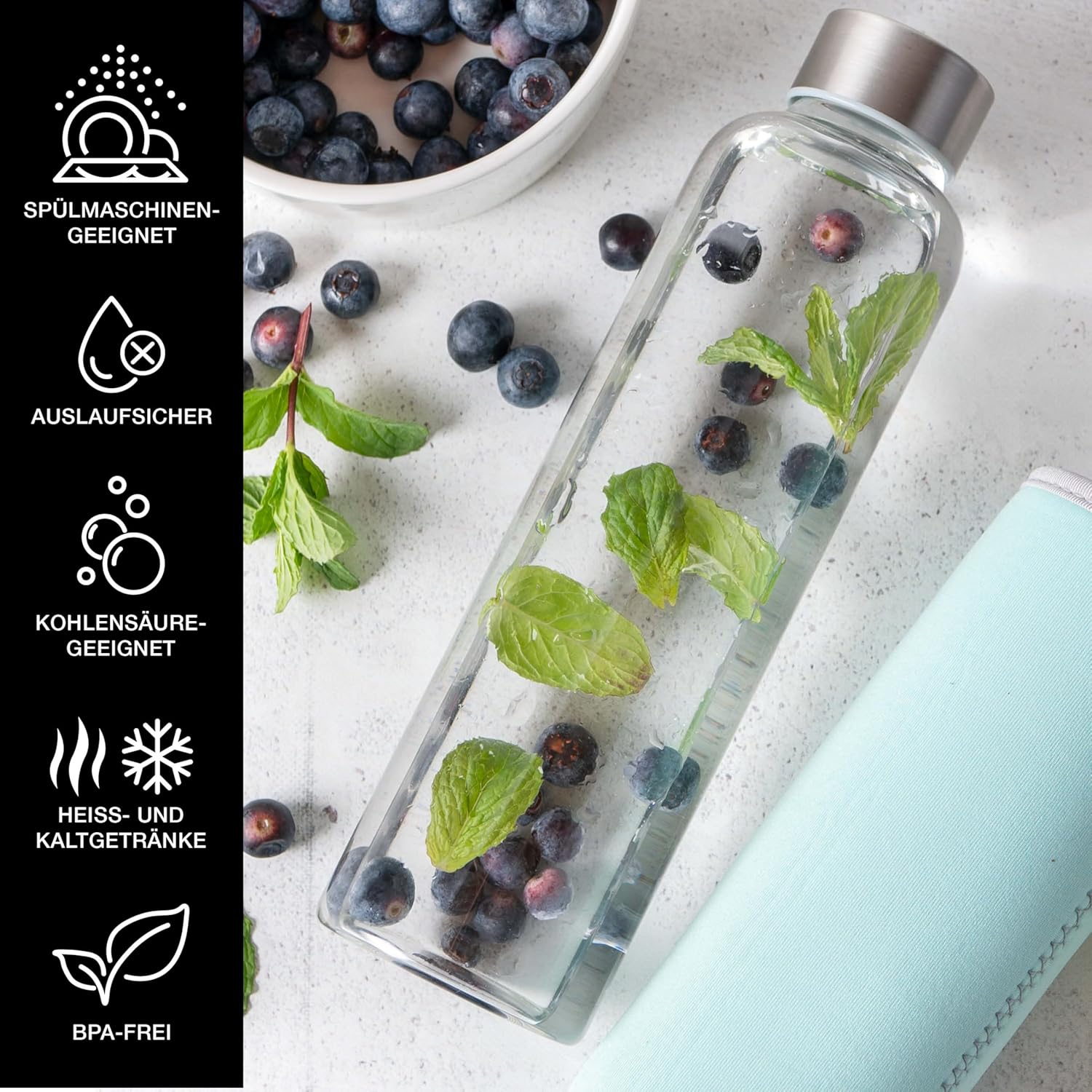 Trinkflasche Glas 500ml (Blau/Grau)