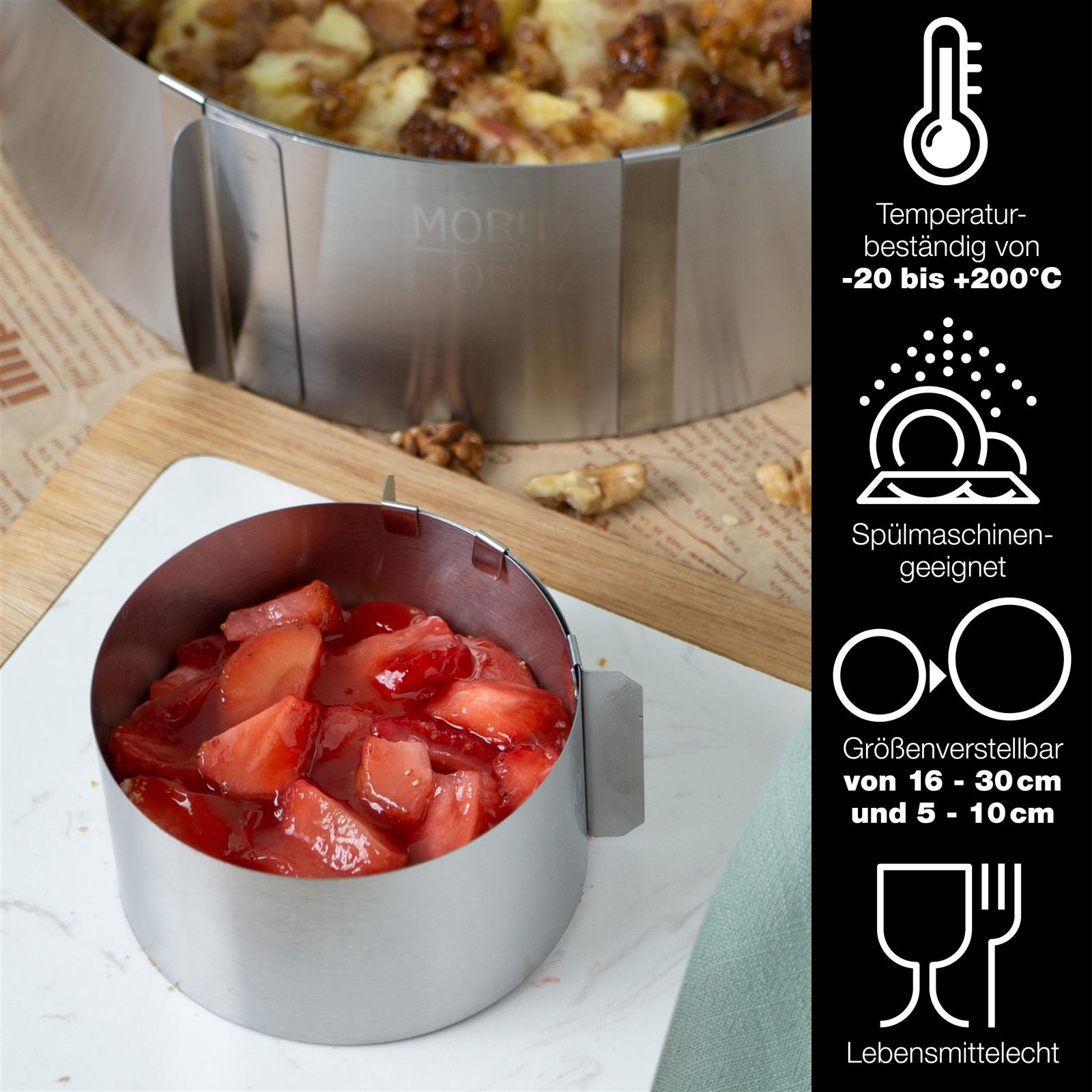 Rundes Backrahmen-Set auf Holztisch mit Kuchen, Backutensilien und rotem Geschirrtuch im Hintergrund