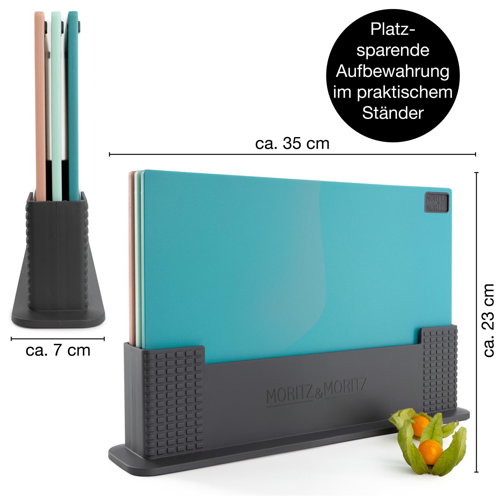 Großer bunter Schneidebrettständer aus Holz, und funktionale Lösung für die Küche