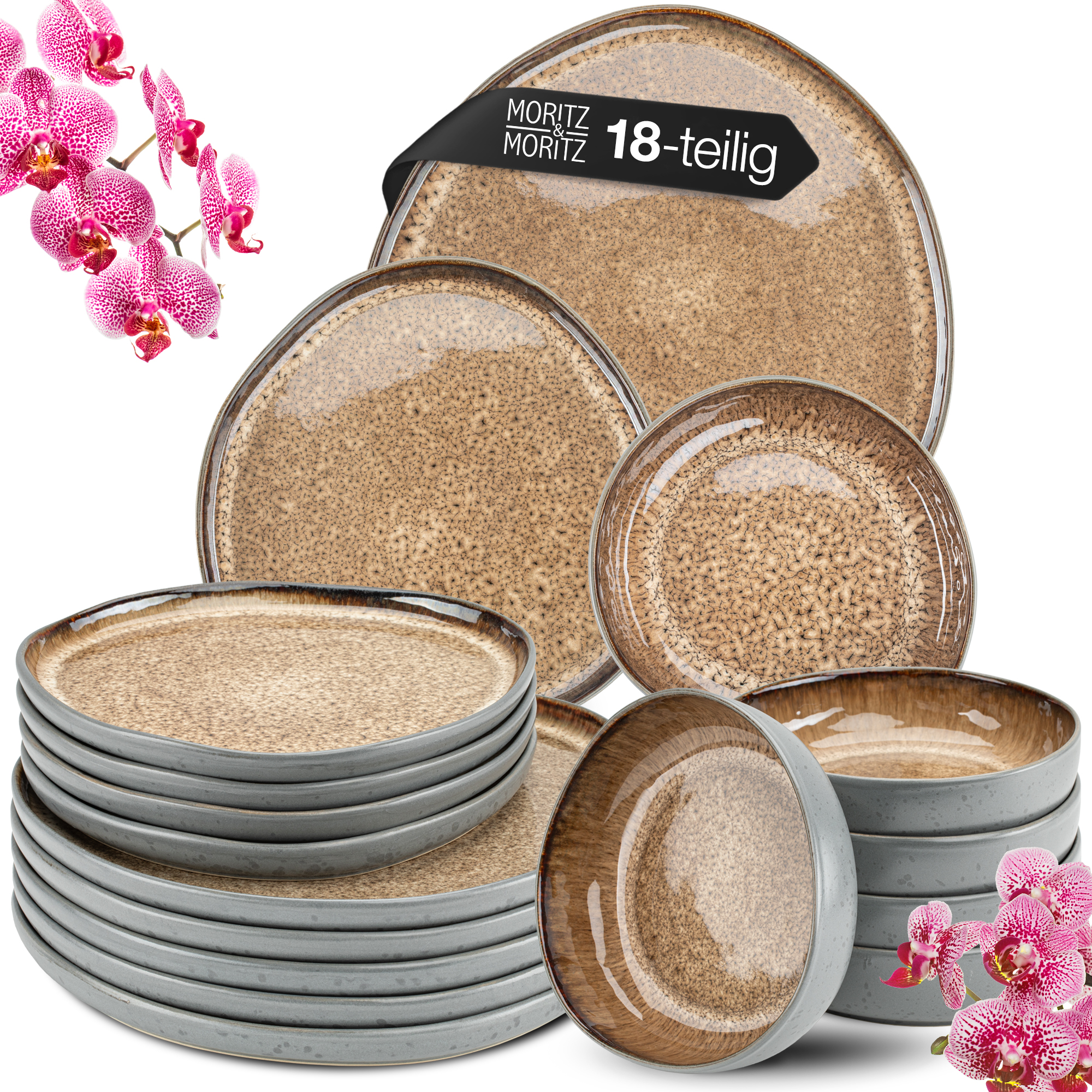 ORGANIC 18-teilig Geschirrset Beige, vor weißem Hintergrund