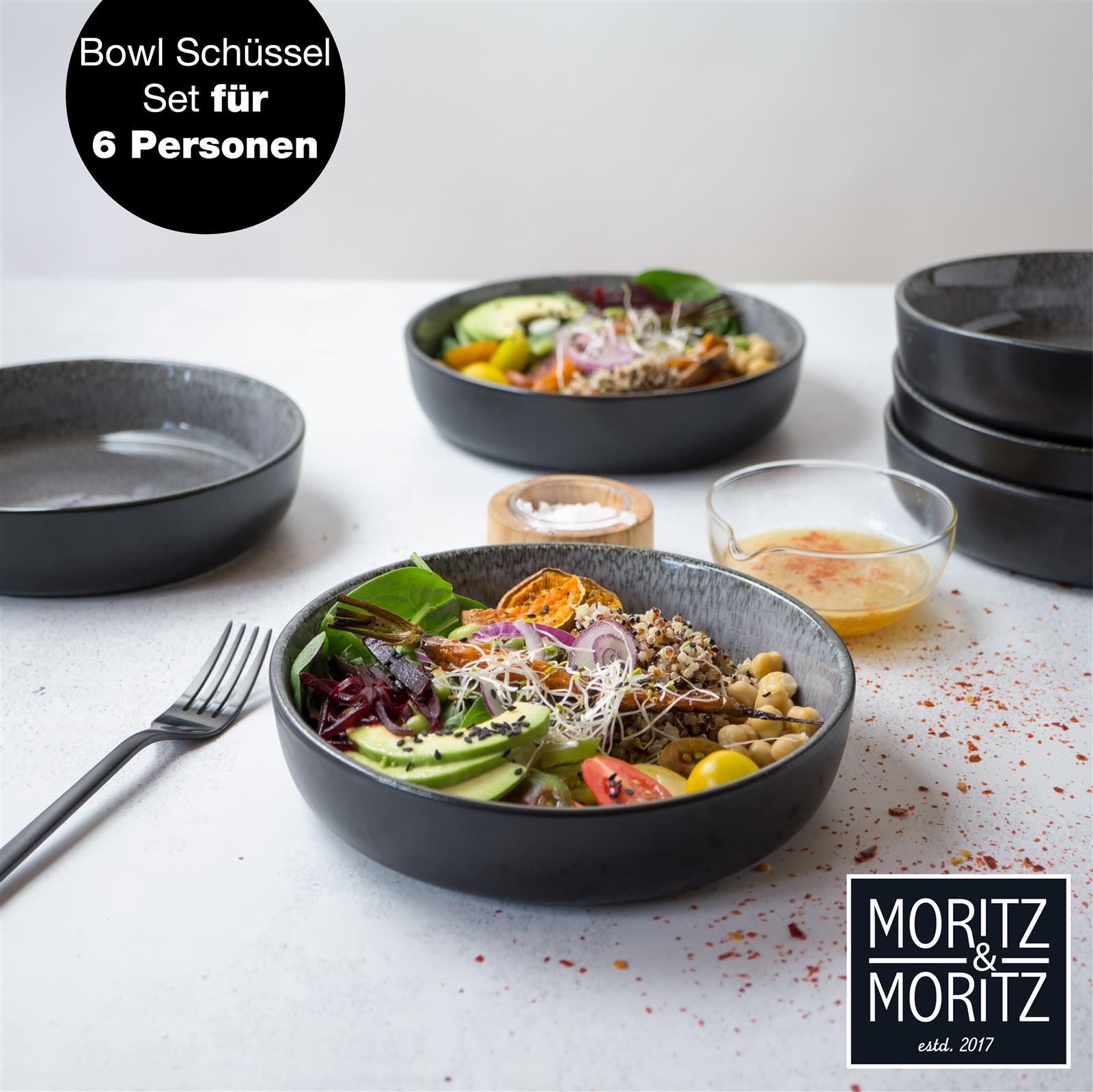 Schale, Salat-Bowl in Antrazit-Optik, 6-teilig, auf gedecktem Tisch bei Tageslicht