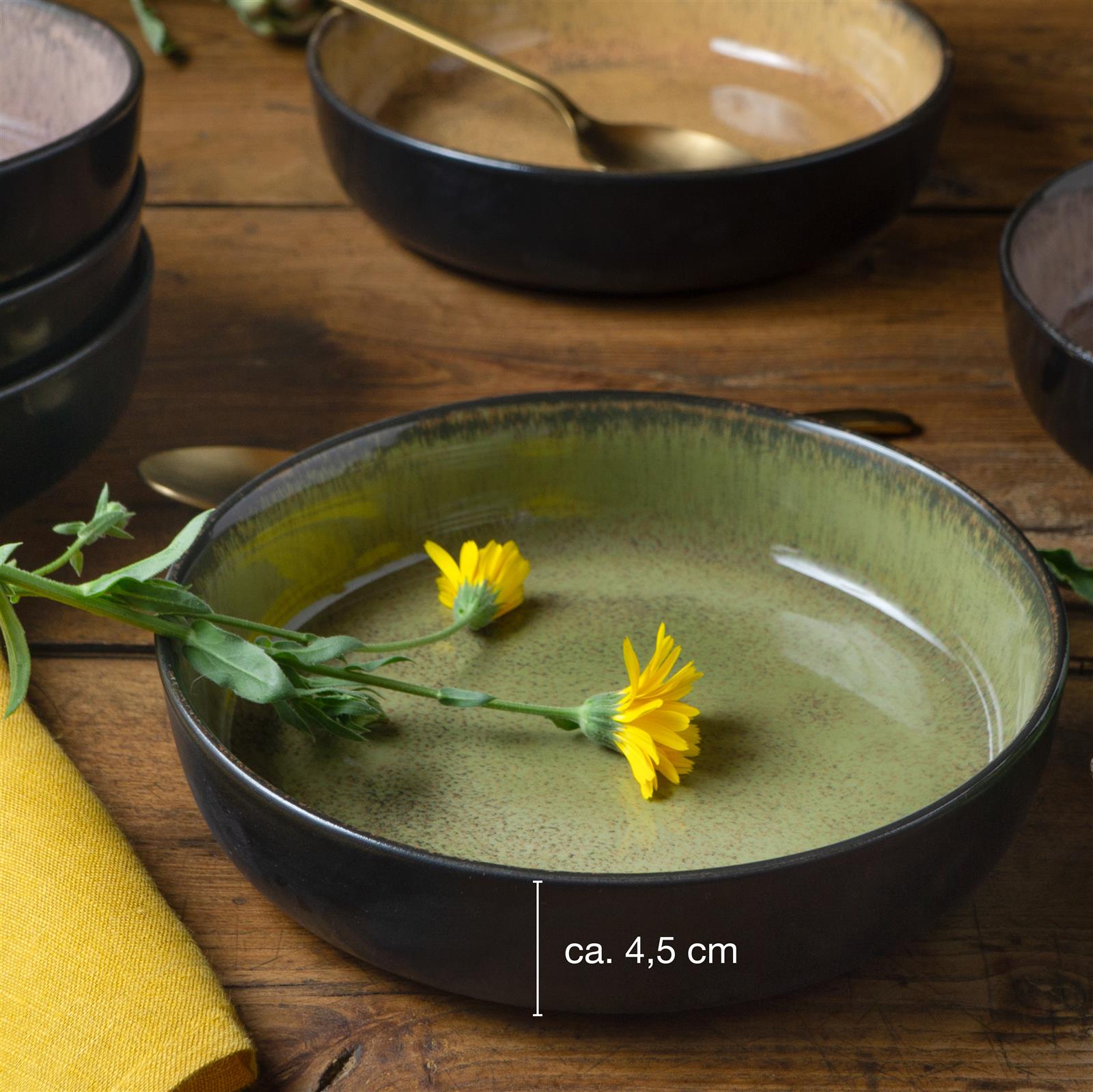 Sechsteiliges Gourmet-Suppenteller-Set in Vintage-Optik auf Holztisch arrangiert, cremefarbene Teller mit dekorativem Rand