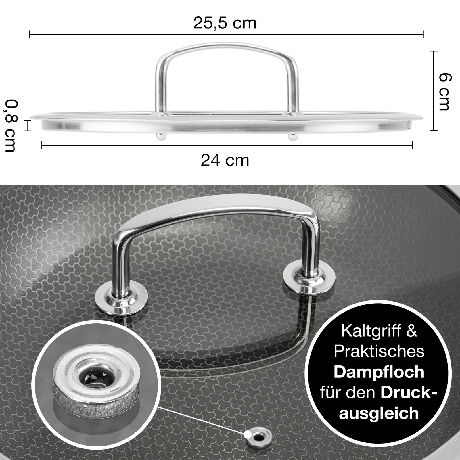 Pfannendeckel 24 cm aus Glas mit Edelstahlrand - Hochwertiger Spritzschutz für müheloses Kochen Hochwertiger Pfannendeckel 24 cm mit hitzebeständigem Glas und Edelstahlrand passend für Pfannen und Töpfe – langlebig und spülmaschinengeeignet. Ideal für energiesparendes Kochen und gleichmäßiges Garen.
