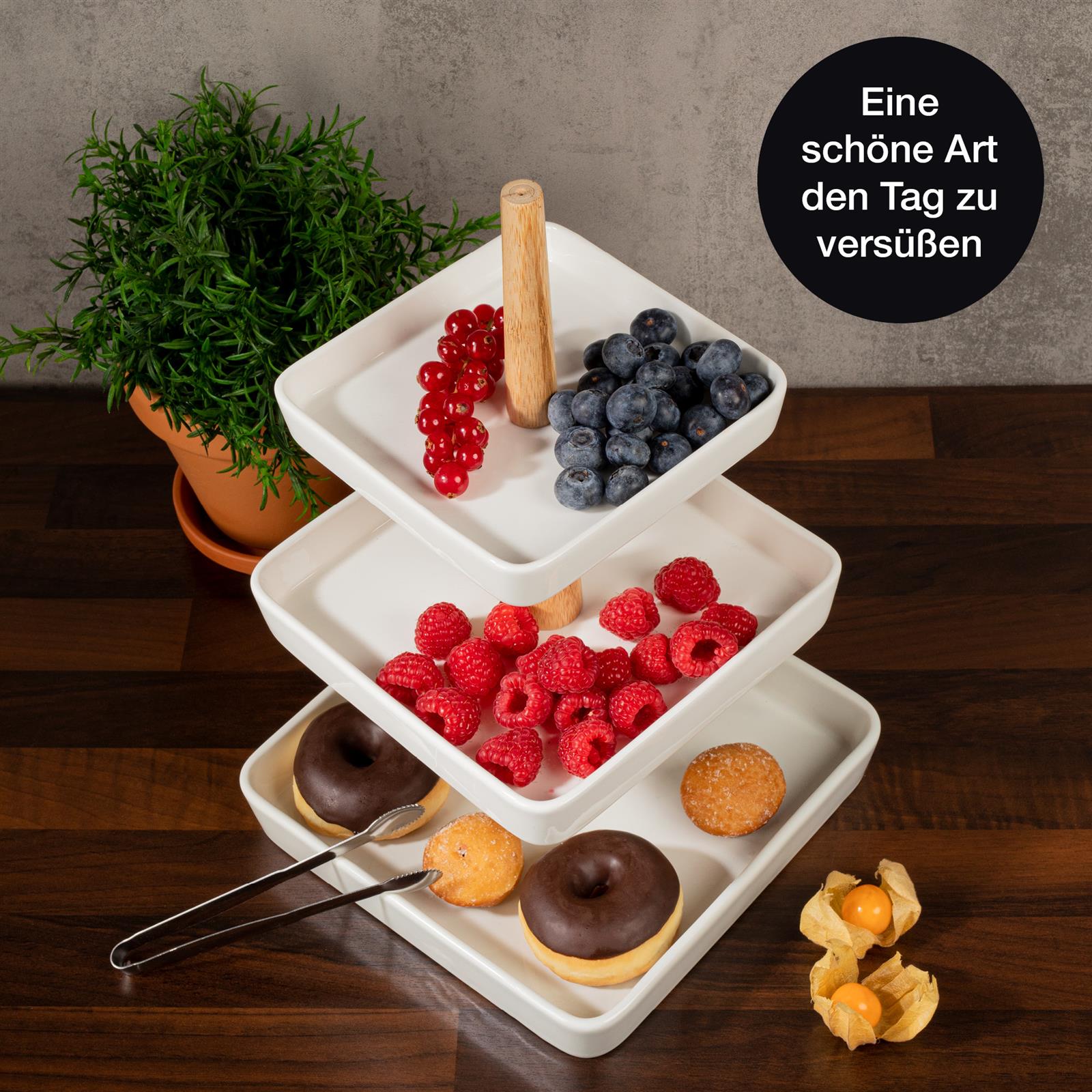 Weiße eckige Etagere aus Holz, dekorativ und einsetzbar für Kuchen, Gebäck, oder als Tischaufsteller