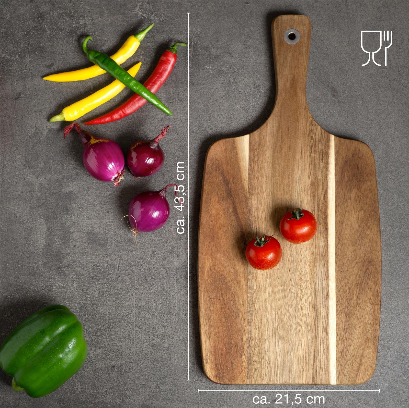 Hochwertiges Akazien-Holzbrett 43,5x21,5x1,9cm – Bildansicht Holzbrett aus Akazienholz, rechteckig mit den Maßen 43,5x21,5x1,9 cm, stilvoll und funktional für Küchenanwendungen.