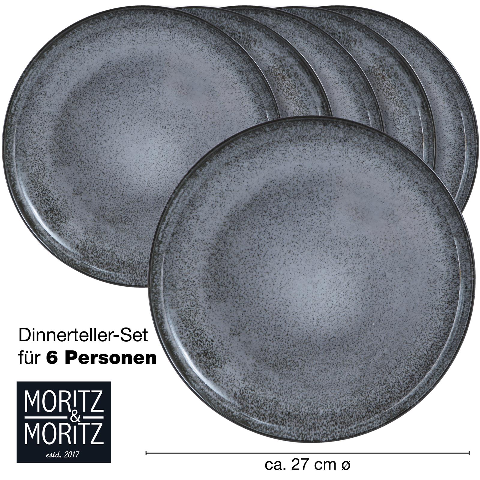 Sechsteiliges Dinnertellerset in Anthrazit von Moritz und Moritz, stilvoll auf einem Tisch arrangiert, ideal für elegante Abendessen und moderne Küchengestaltung.