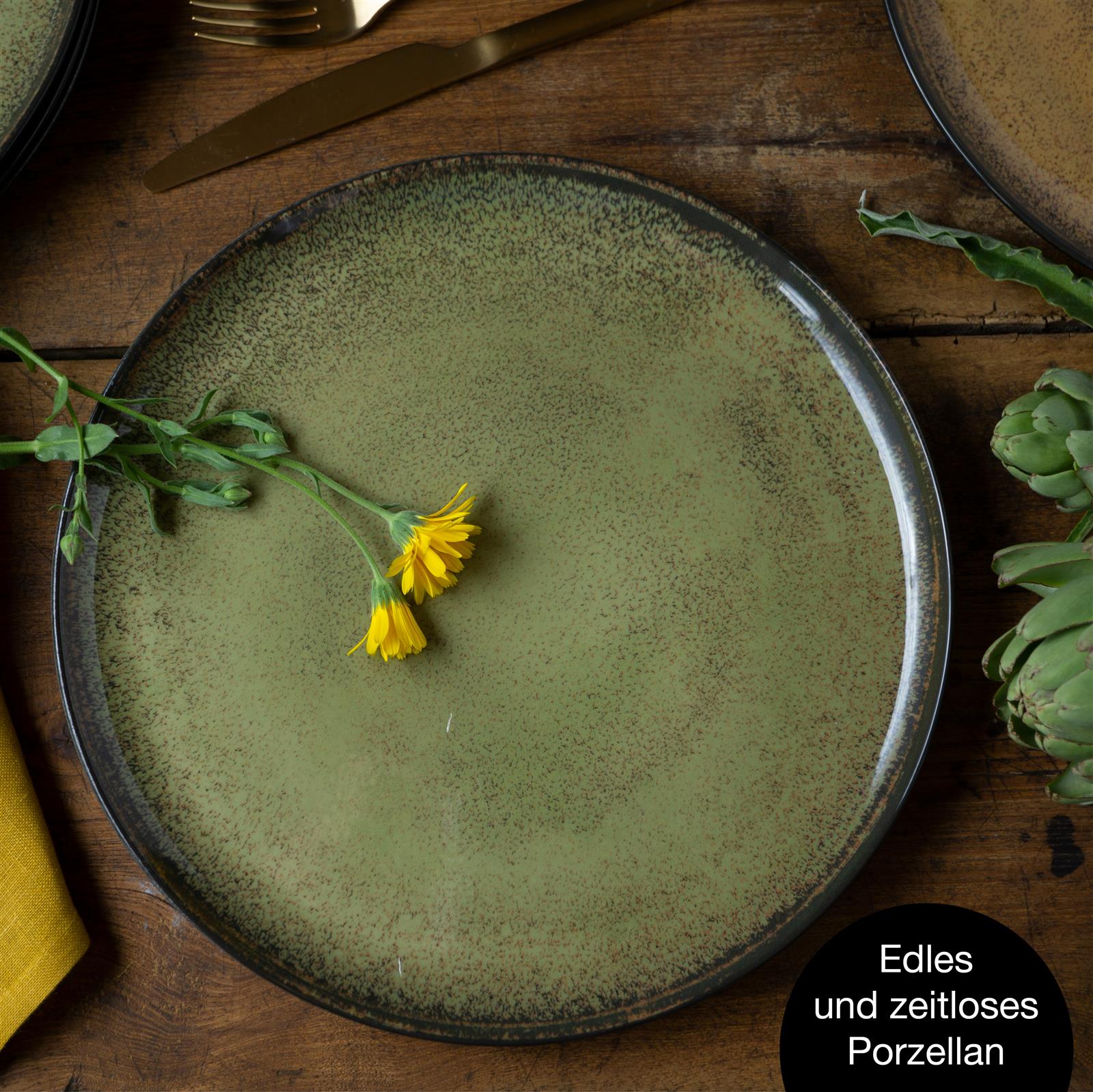 Tellerset in Vintage, Sechs gemusterte, runde Porzellanteller im Vintage-Stil aus dem Gourmet Dinnerteller-Set