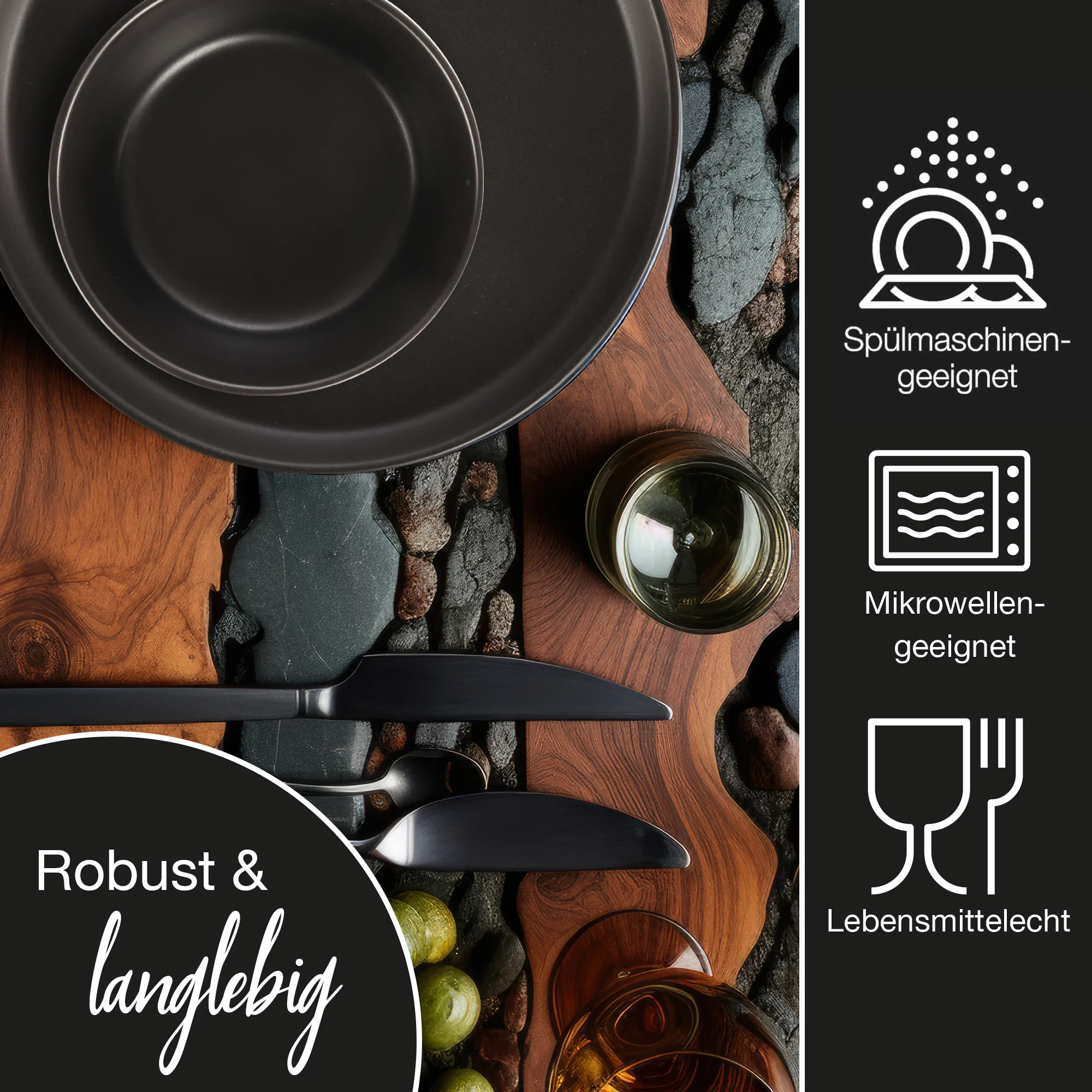 Schwarzes Geschirrset in Design mit Tellern, Schüsseln und Desserttellern, auf einem hellen Holztisch arrangiert