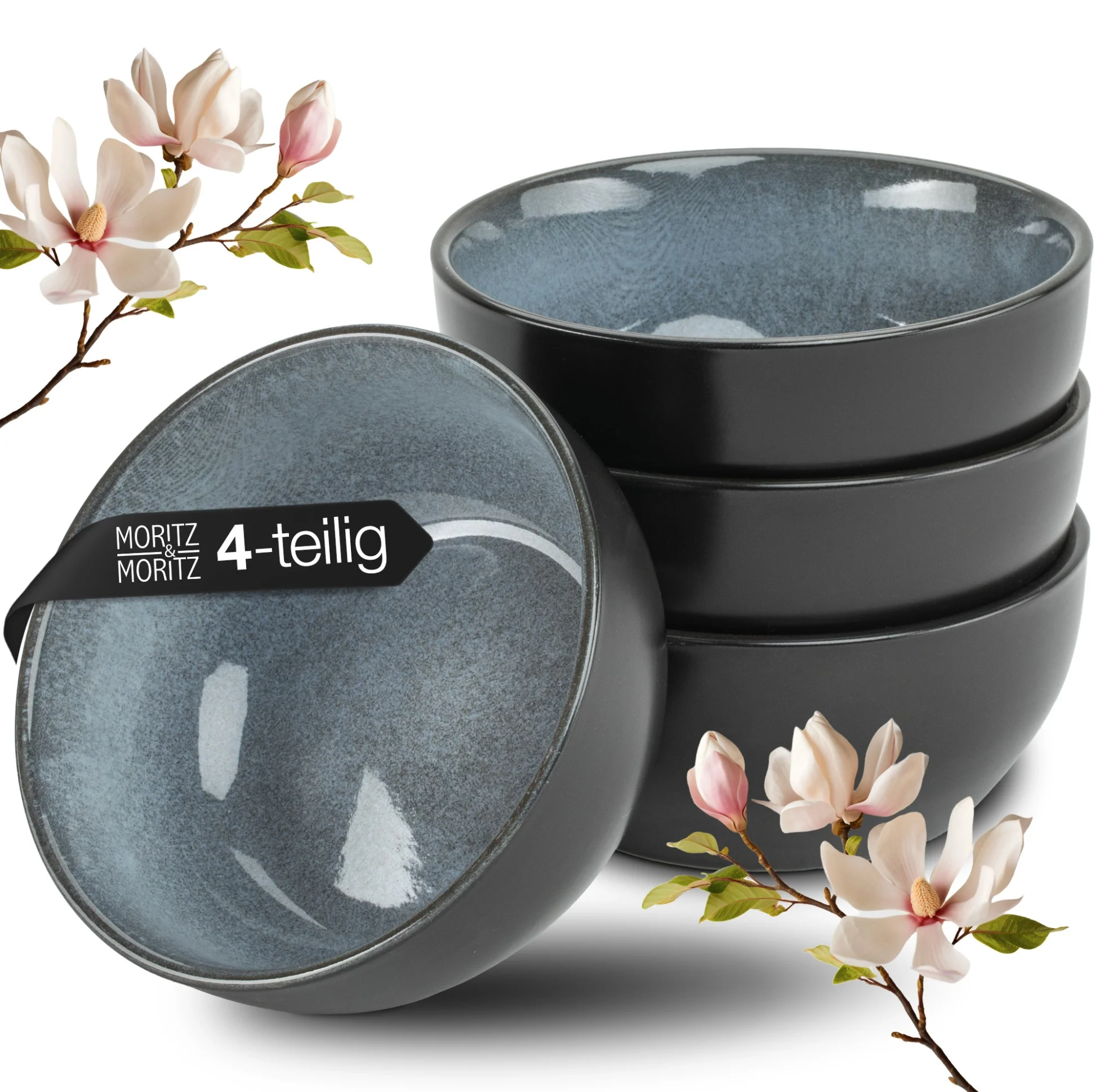 VIDA 4x Miso Schalen blau Asia Geschirr Set, dunkle Glasflasche mit rotem Etikett „“ gefüllt mit feiner