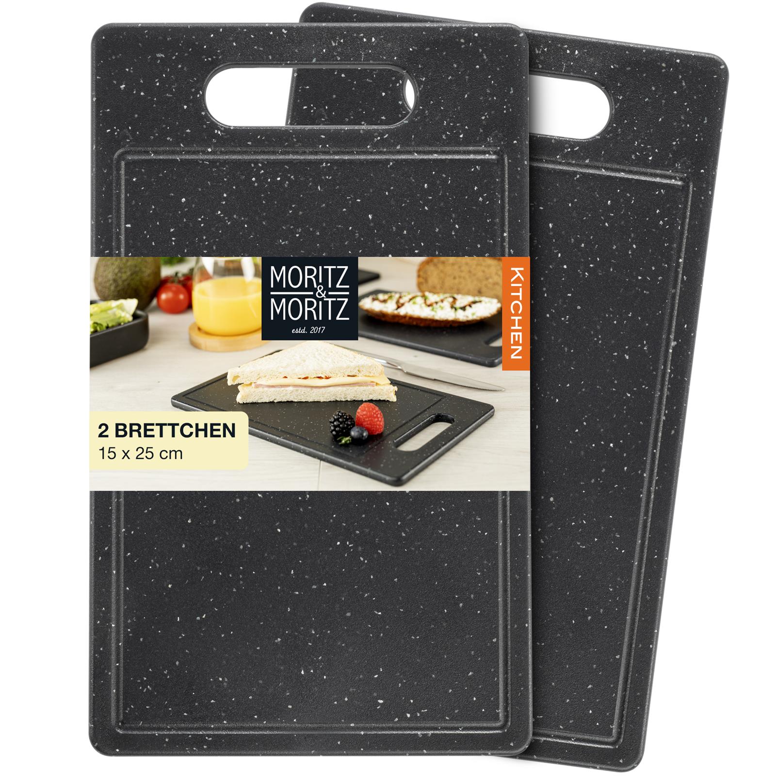 Schneidebrett Granit Schwarz 2er Set Klein mit Saftrille, Schneidebretter mit rutschfester Oberfläche und Saftrille
