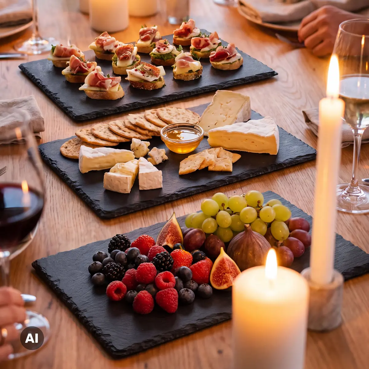 Mehrere Schieferplatten mit Canapés, Käse und Beeren auf einem festlich gedeckten Tisch mit Kerzen