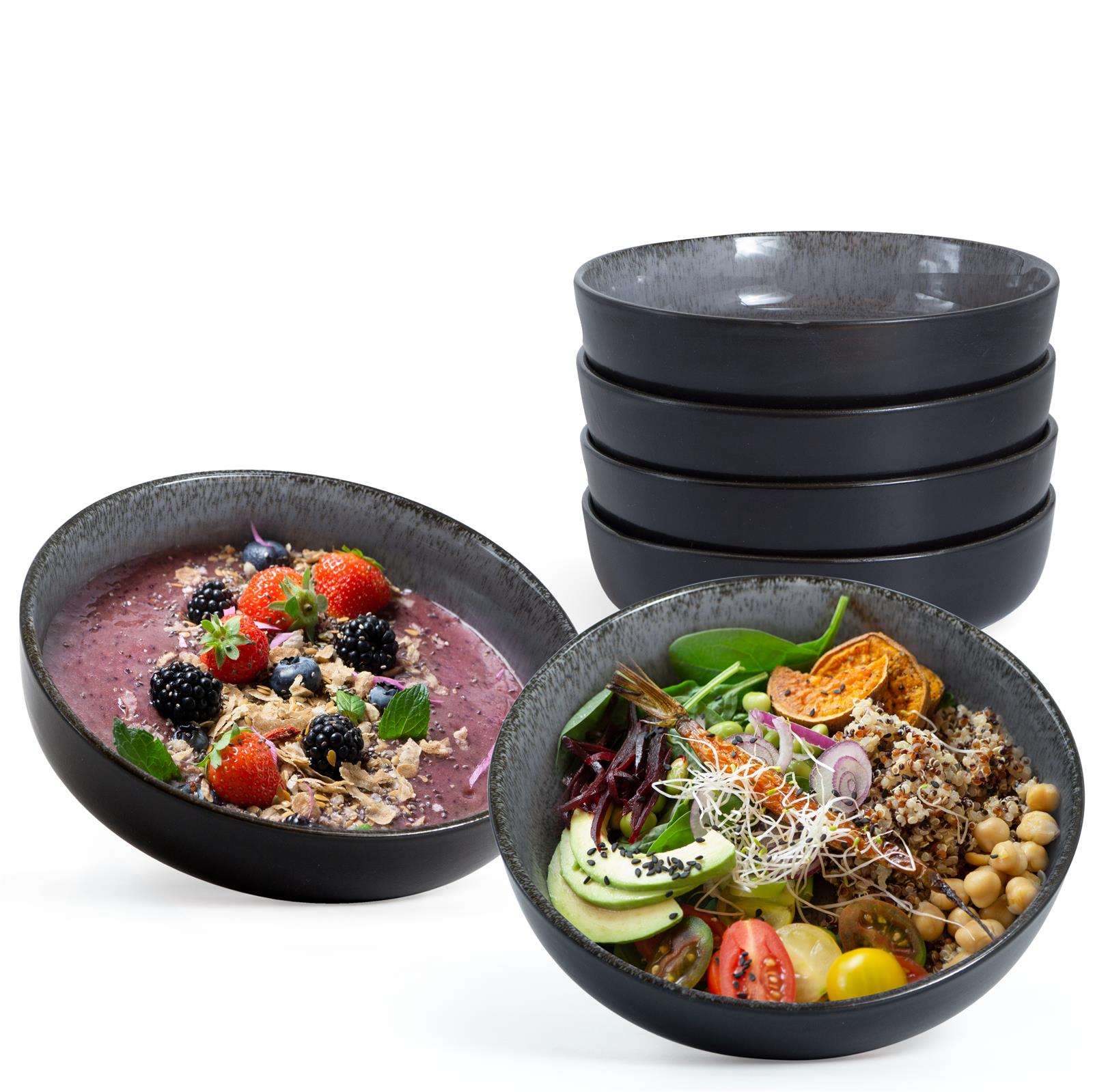 6er Set Salat Bowls in Antrazit - Stilvolle Schüsseln für moderne Tischdekoration Sechs Salatschüsseln in Anthrazit aus Melamin, gestapelt und auf einer weißen Oberfläche fotografiert, ideal für stilvolle Tischdekoration oder als moderne Küchenausstattung.