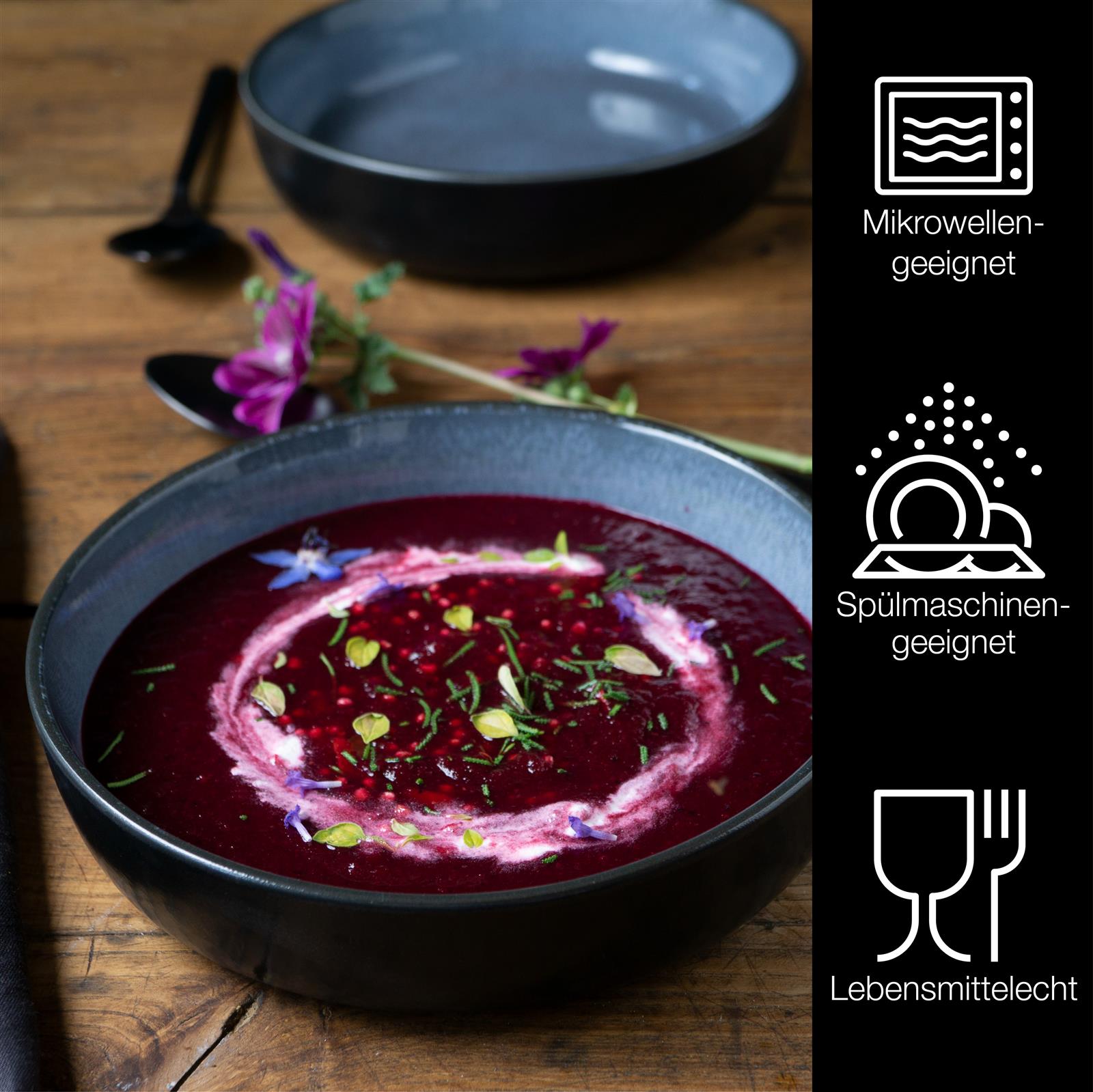 Tellerset in Blau, Sechs blaue Gourmet-Suppenteller aus Keramik mit sanftem Farbverlauf und leichtem Glanz