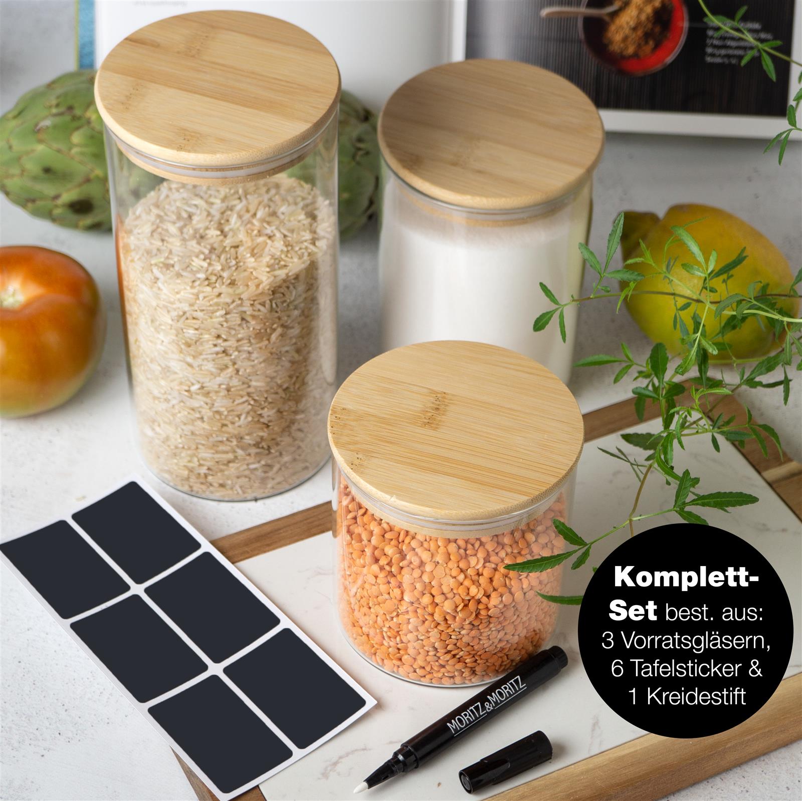 3er Set Vorratsgläser aus Glas mit luftdicht verschließbaren Bambusdeckeln und stapelbarem Design