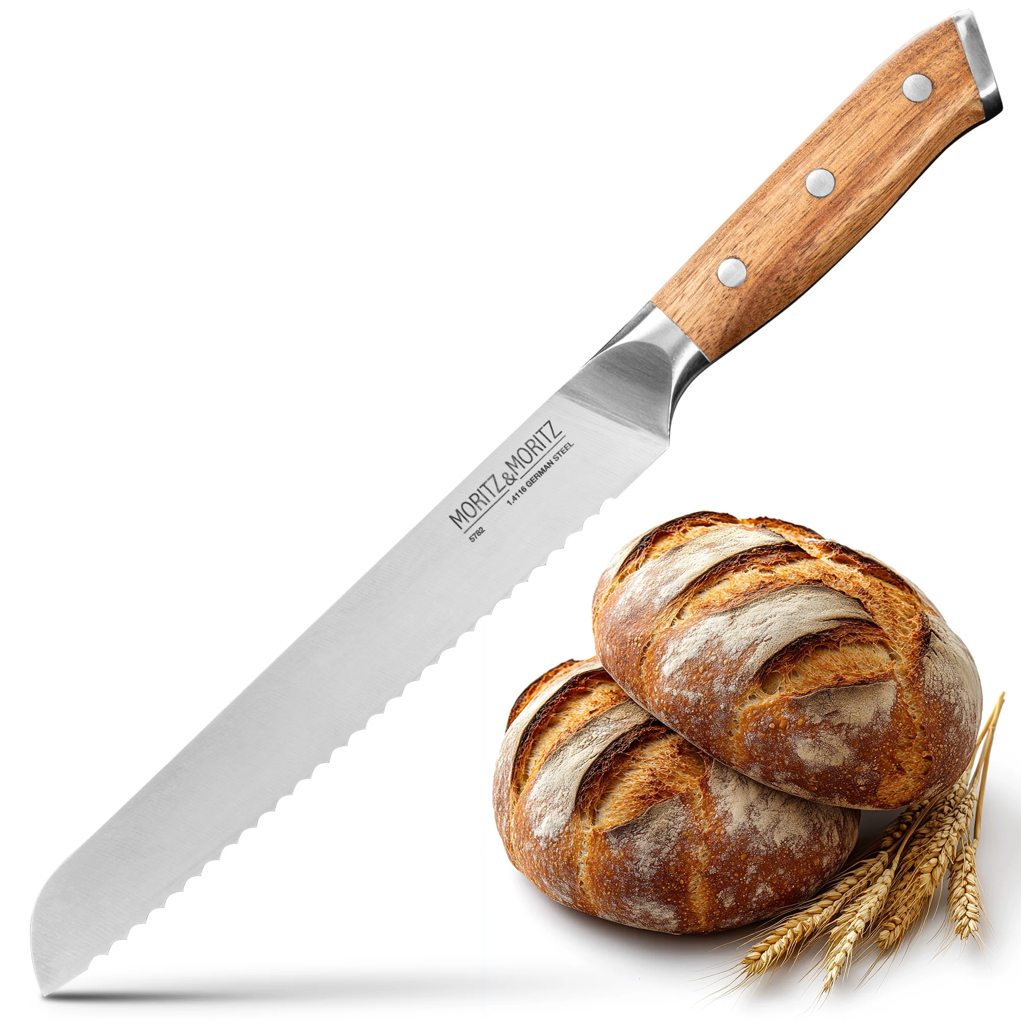 Premium Küchenmesser Schneidemesser 20cm - Moritz & Moritz Küchenmesser mit 20 cm langer Klinge, seitlich liegend auf weißem Hintergrund, mit ergonomischem schwarzen Griff und silberner Klinge aus Edelstahl.
