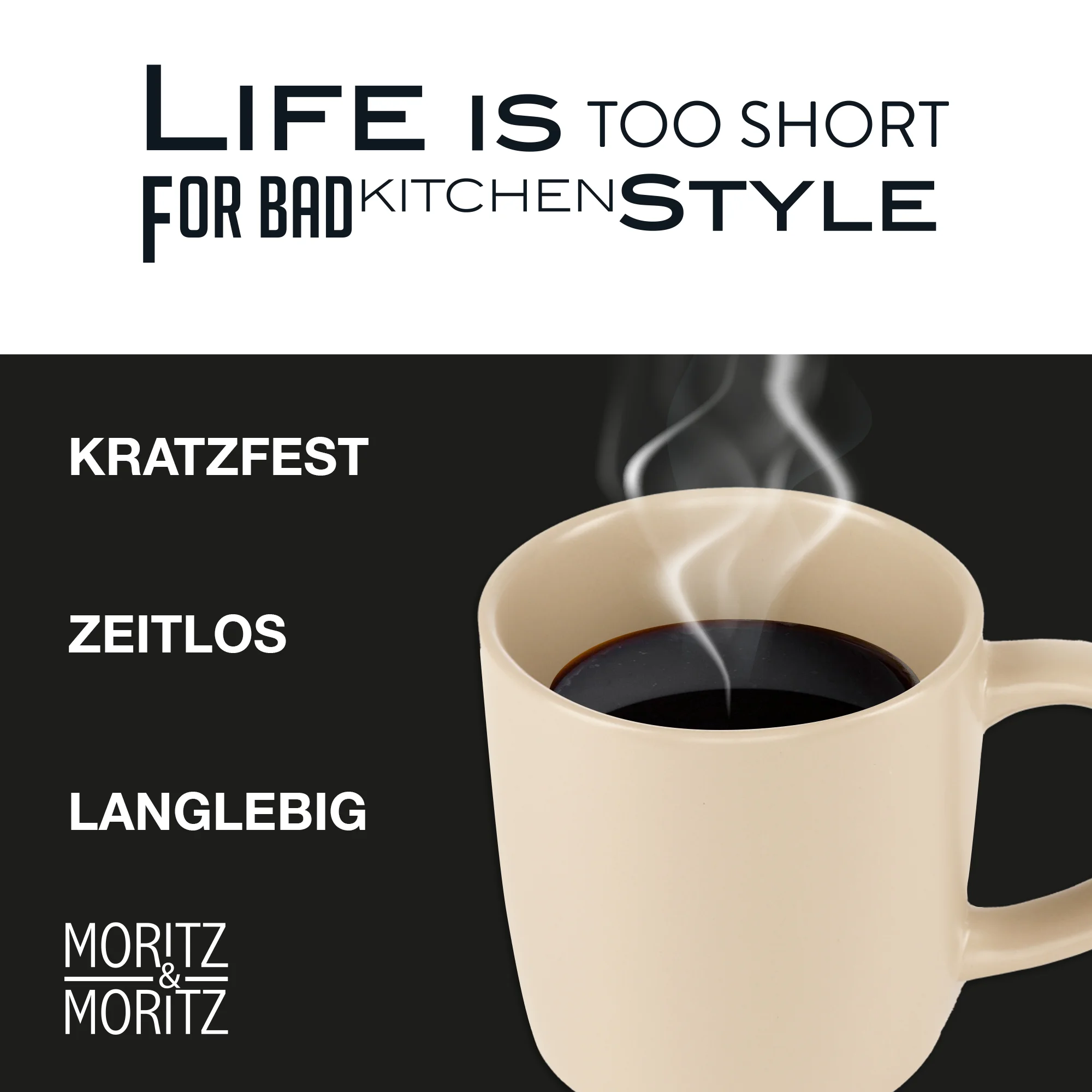 Vier keramische Becher in Pastellfarben, Rosa, Blau, Grau und Beige, stehen nebeneinander auf einem hellen Untergrund