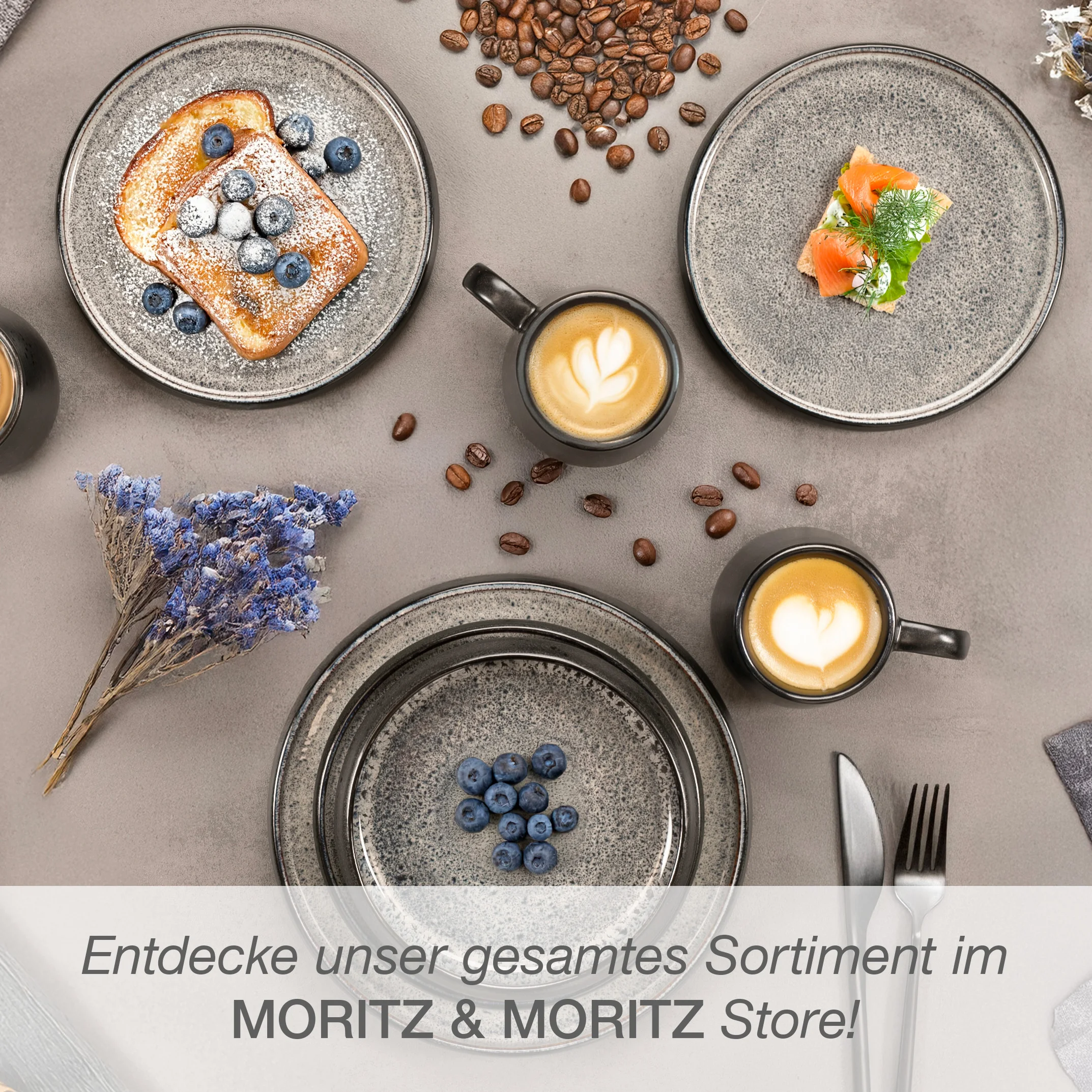 SOLID Geschirr Set 24-teilig Reaktiv Grau, komplett vor weißem Hintergrund
