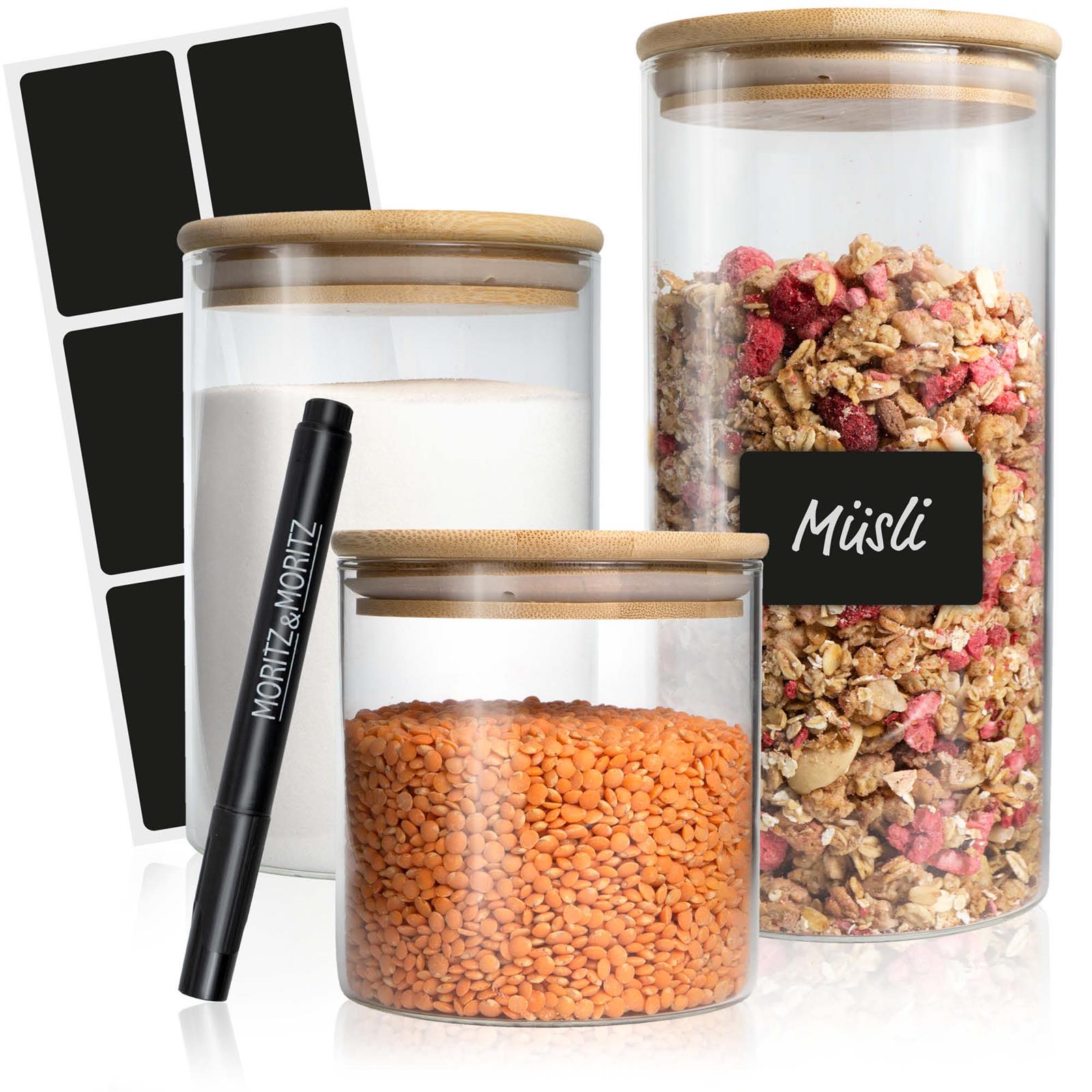 Vorratsgläser Set inkl. Tafelsticker, 3er Set Vorratsgläser aus Glas mit luftdichtem Verschluss, und Design