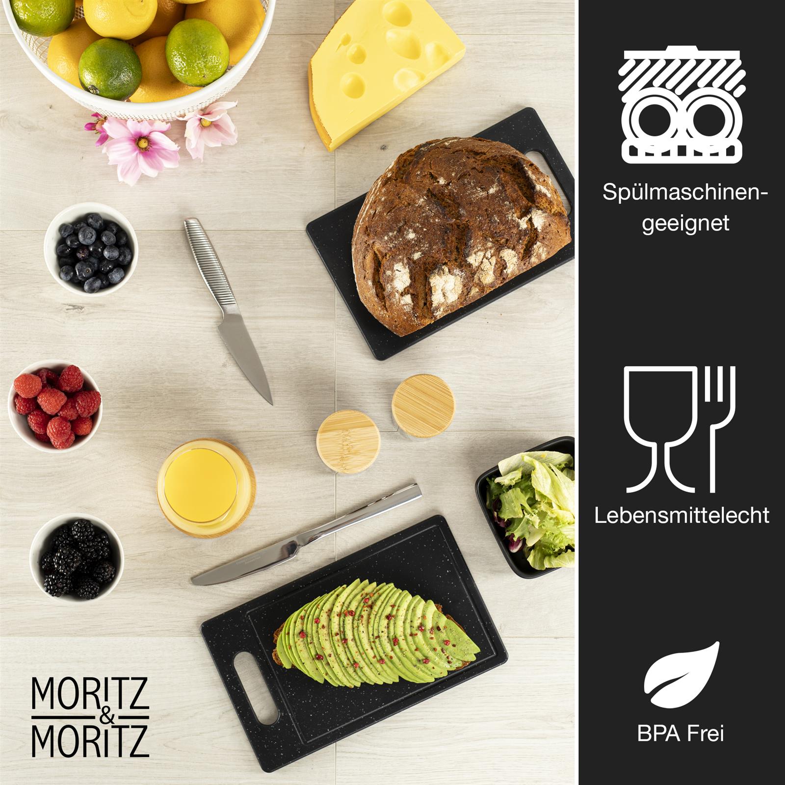 Schneidebrett Granit Schwarz 2er Set Klein mit Saftrille, Design, langlebiges Küchenzubehör