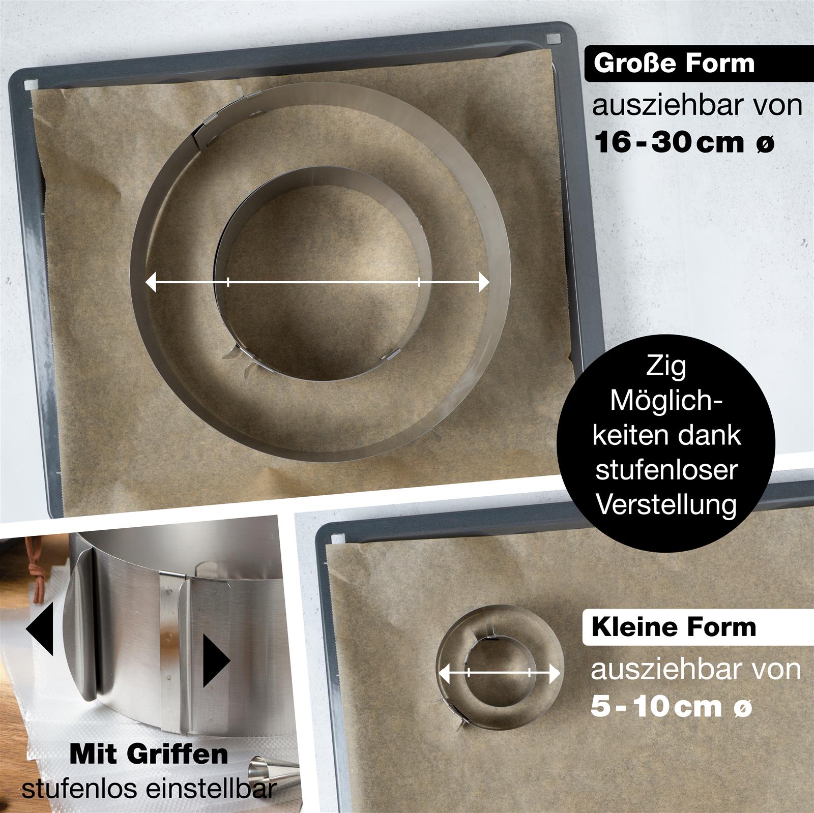 Runder Backrahmen aus Edelstahl im Set, ideal zum Backen von Kuchen und Torten, verstellbar in der Größe mit glatter Oberfläche für einfache Reinigung.