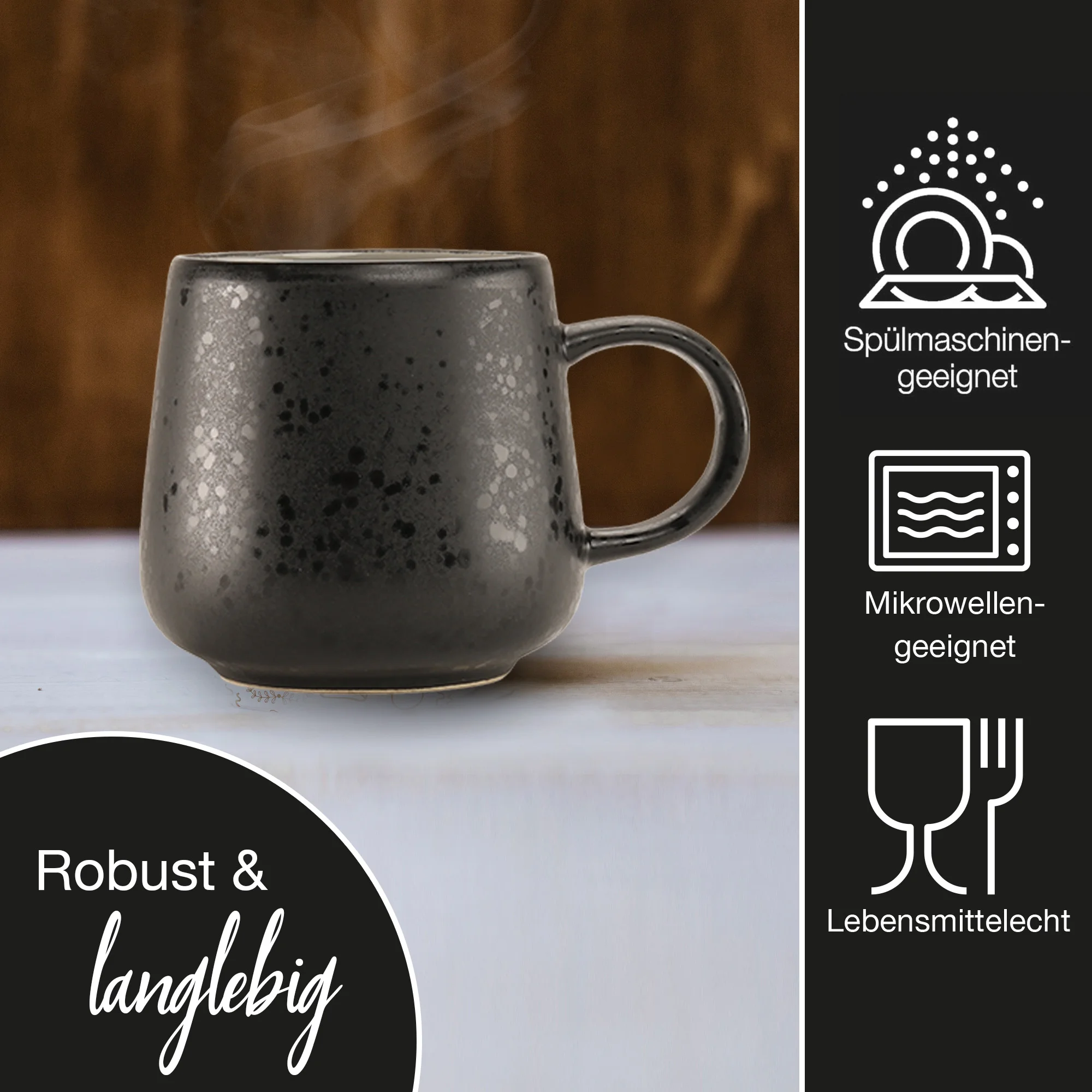 Schlichte Gläserkaraffe mit Deckel aus Borosilikatglas – 1 Liter, ideal für Wasser, Saft und Getränke Dunkelgraue, beschichtete Bratpfanne mit schwarzem Soft-Touch-Griff, von schräg oben fotografiert, auf weißem Hintergrund.