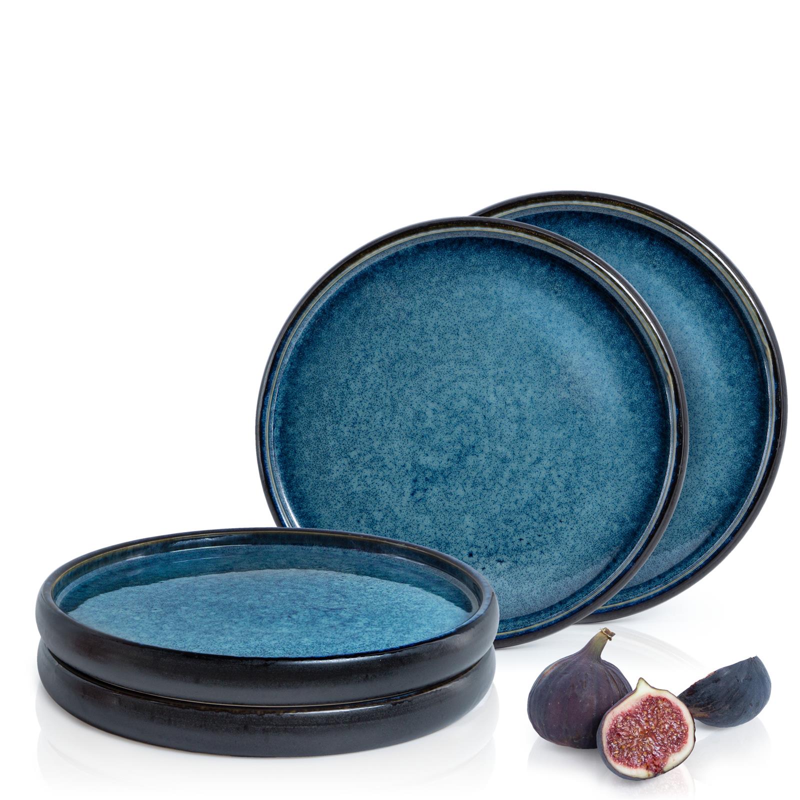 Gourmet Dessertteller Set, 4-teilig, reaktive Glasur in Blau, Nahaufnahme der Oberfläche
