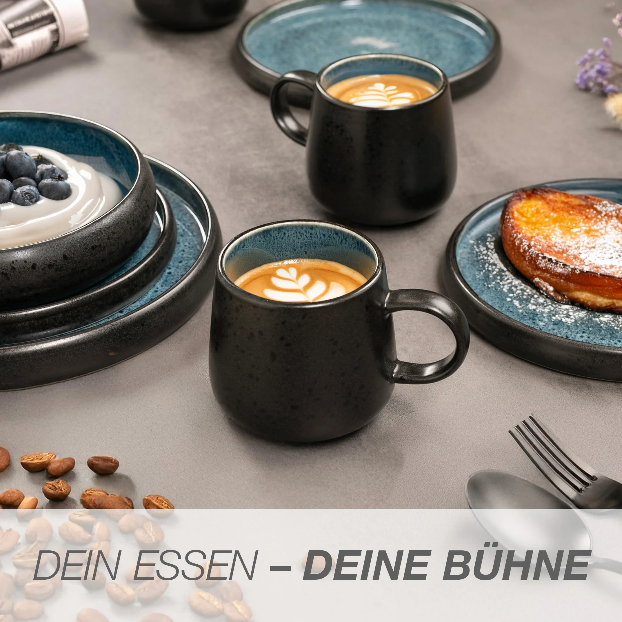 SOLID Geschirr Set 24-teilig Reaktiv blau, Nahaufnahme der Oberfläche