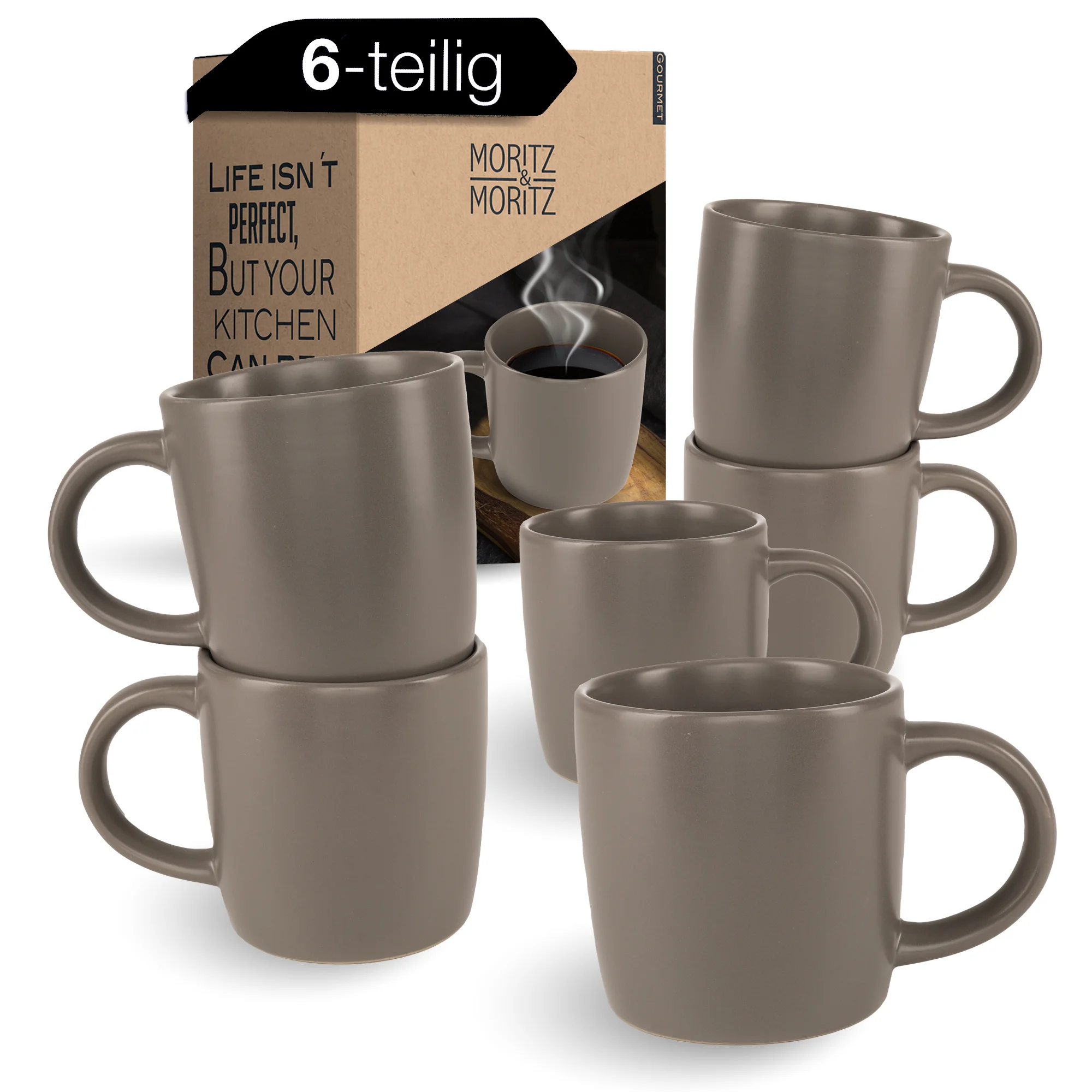 Sechsteiliges Set grauer Kaffeetassen im nordischen Design auf hellem Untergrund
