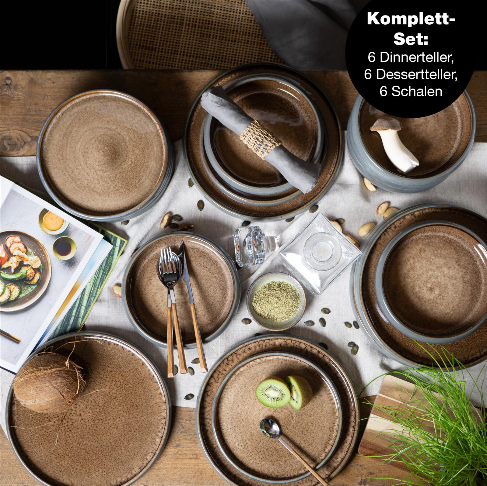 Bild eines 18-teiligen Gourmet-Geschirr-Sets in reaktivem Beige von Moritz & Moritz, bestehend aus Tellern und Schalen, stilvoll auf einem Tisch arrangiert, ideal für moderne Tischdekoration und elegante Dinnerpartys.