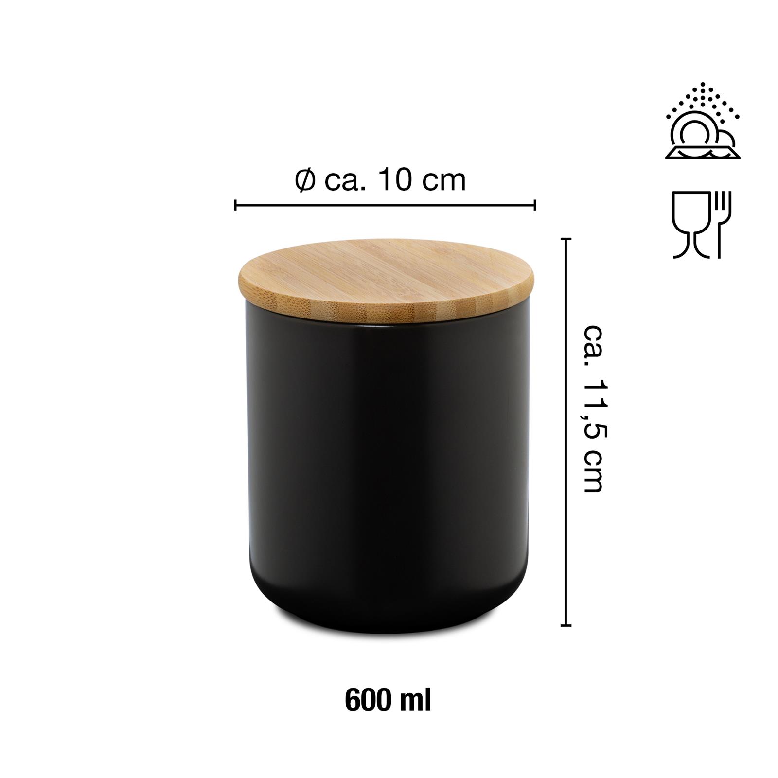 Keramik Aufbewahrungsbecher Mittel mit Holzdeckel – Moderner Vorratsbehälter für Küche und Haushalt Keramik-Aufbewahrungsbecher in mittlerer Größe mit Holzdeckel, stehend auf hellem Untergrund und vor neutralem Hintergrund, Deckel liegt leicht geöffnet daneben.
