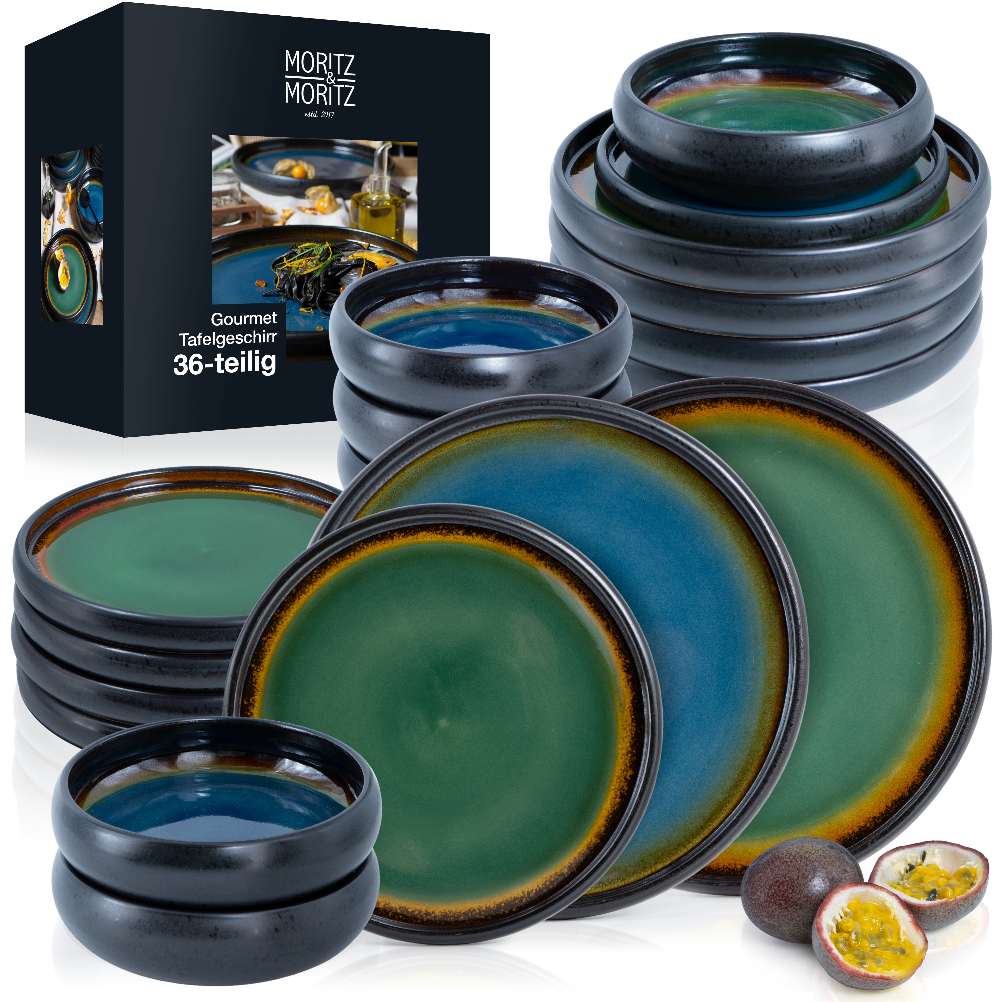 Moritz & Moritz 36tlg Tafel Service Grün/Blau Geschirr Set Reaktiv