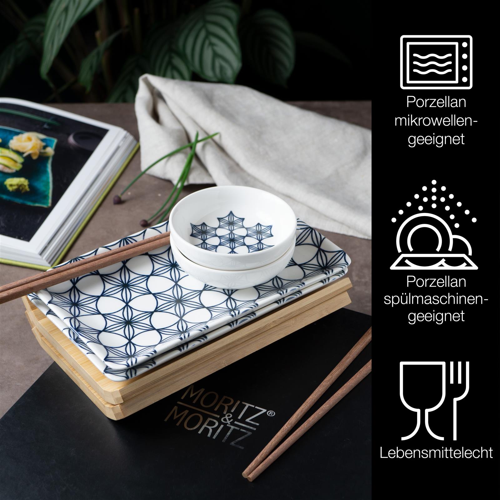 Sushi-Geschirr in Blau, Gourmet-Sushiset, 6-teilig mit blauen Blumenmuster, bestehend aus Geschirrteilen