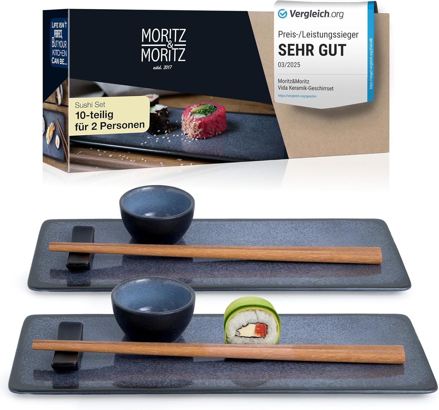 VIDA 10-teilig Sushi Teller blau Asia Geschirr Set, vor weißem Hintergrund