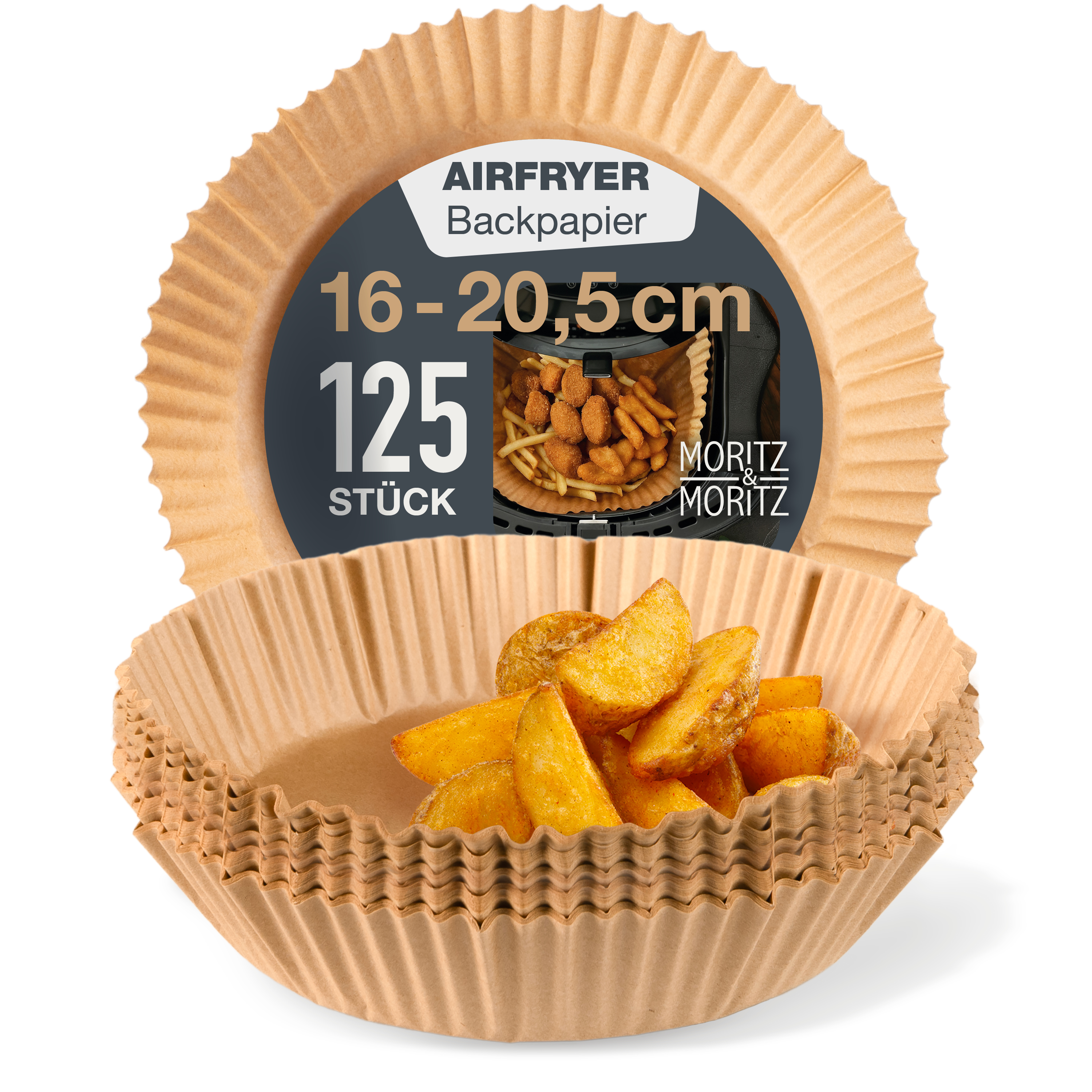 Airfryer Backpapier Rund Ø 16 cm (unten 16 cm, oben 20,5 cm), vor weißem Hintergrund