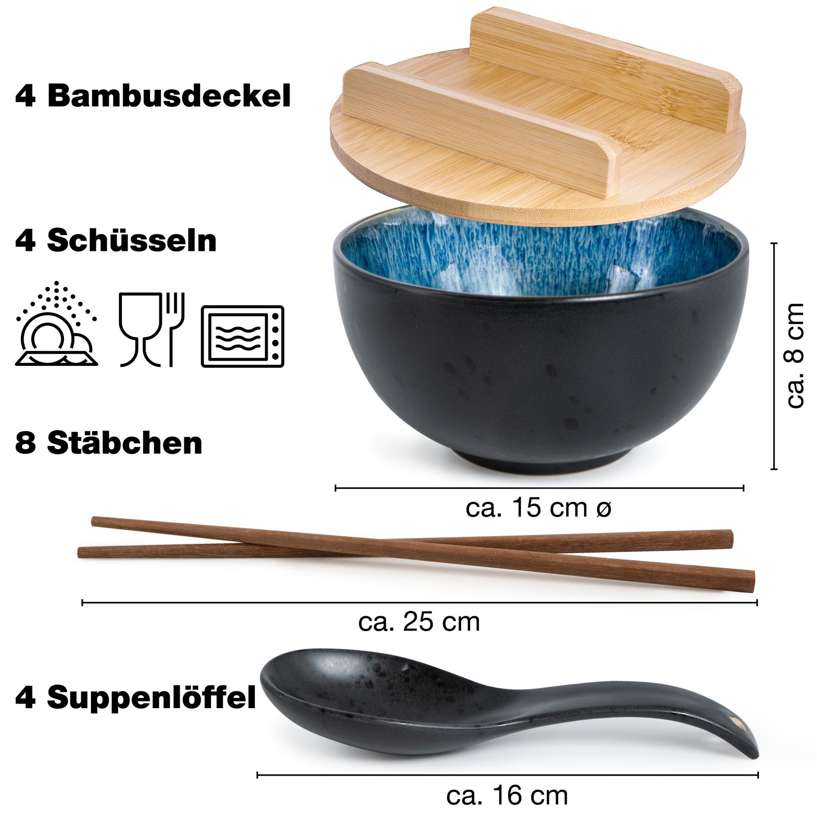 Ramenschale in Blau, Ein präsentierter blauer Gourmet-Ramen-Topf in einem 4er-Set