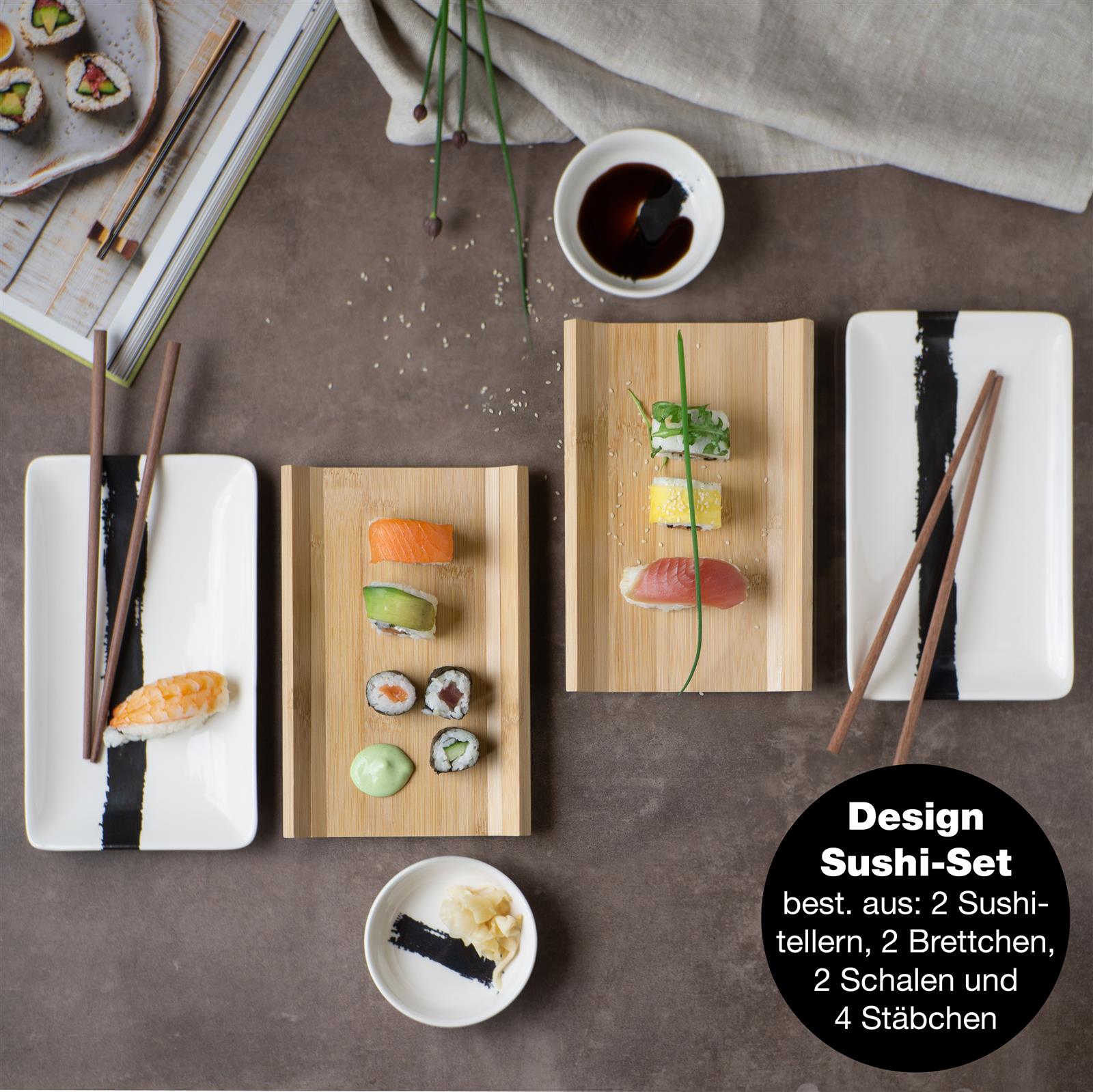Sushi-Geschirr in Schwarz, Gourmet Sushiset 6-teilig, Pinselstrich Schwarz Design, aus Keramik