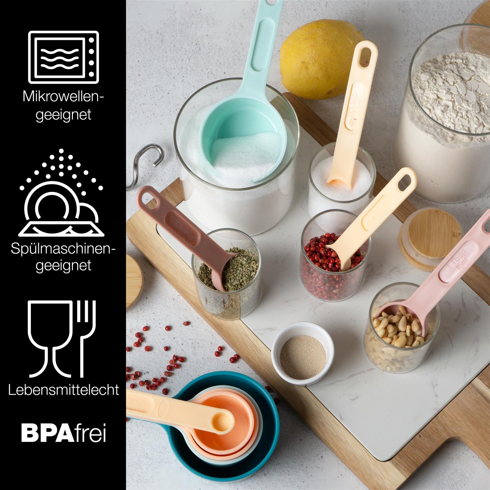 Buntes Messlöffel-Set aus Kunststoff mit verschiedenen Größen