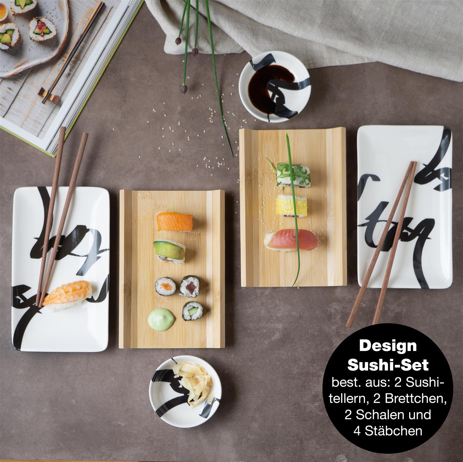 Sechsteiliges Gourmet-Sushiset in der Farbe Schwarz mit Pinselschrift, bestehend aus Essstäbchen und Sushi-Servierplatten