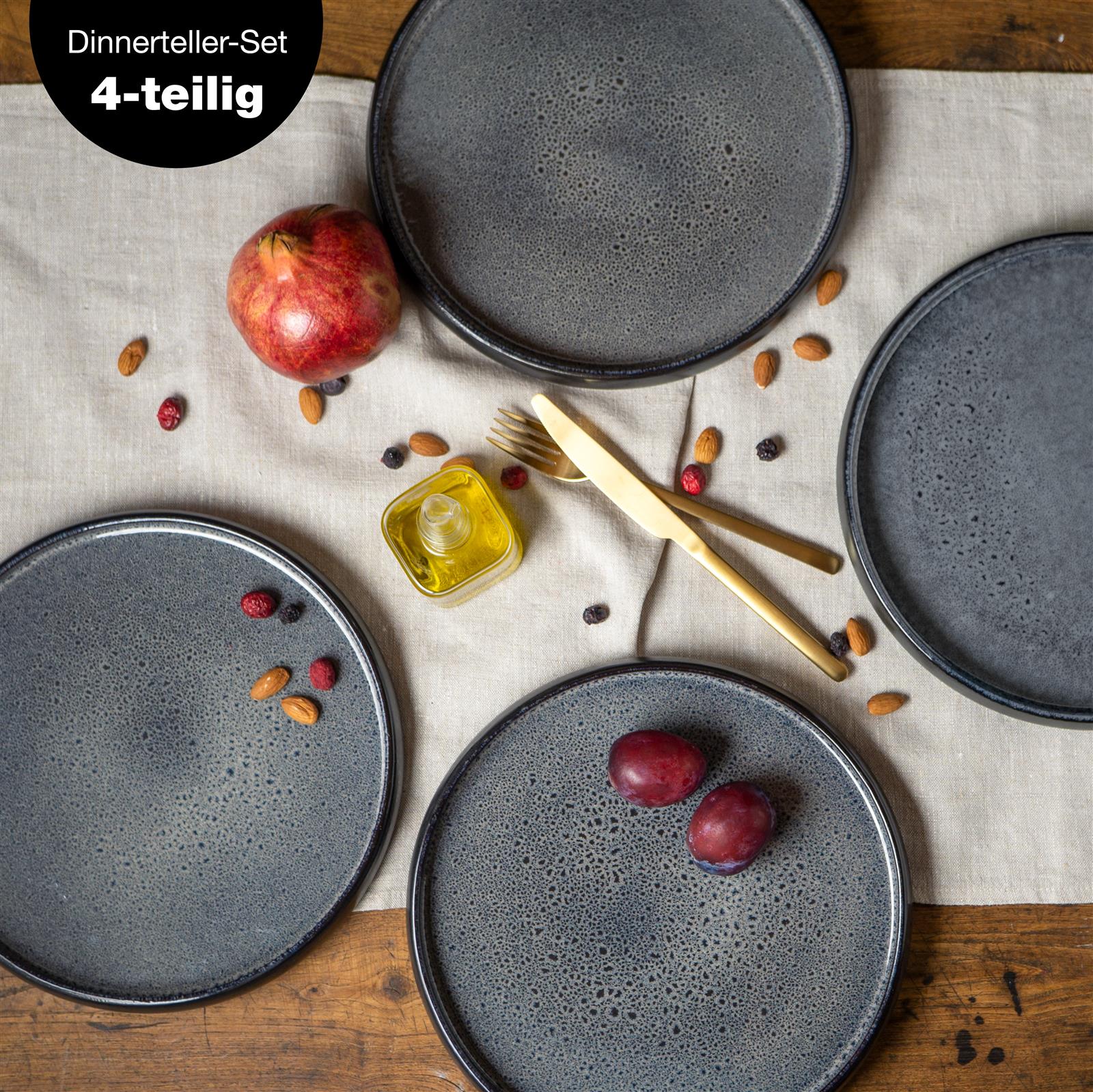 Gourmet-Dinner-Teller-Set in Grau, auf gedecktem Tisch bei Tageslicht