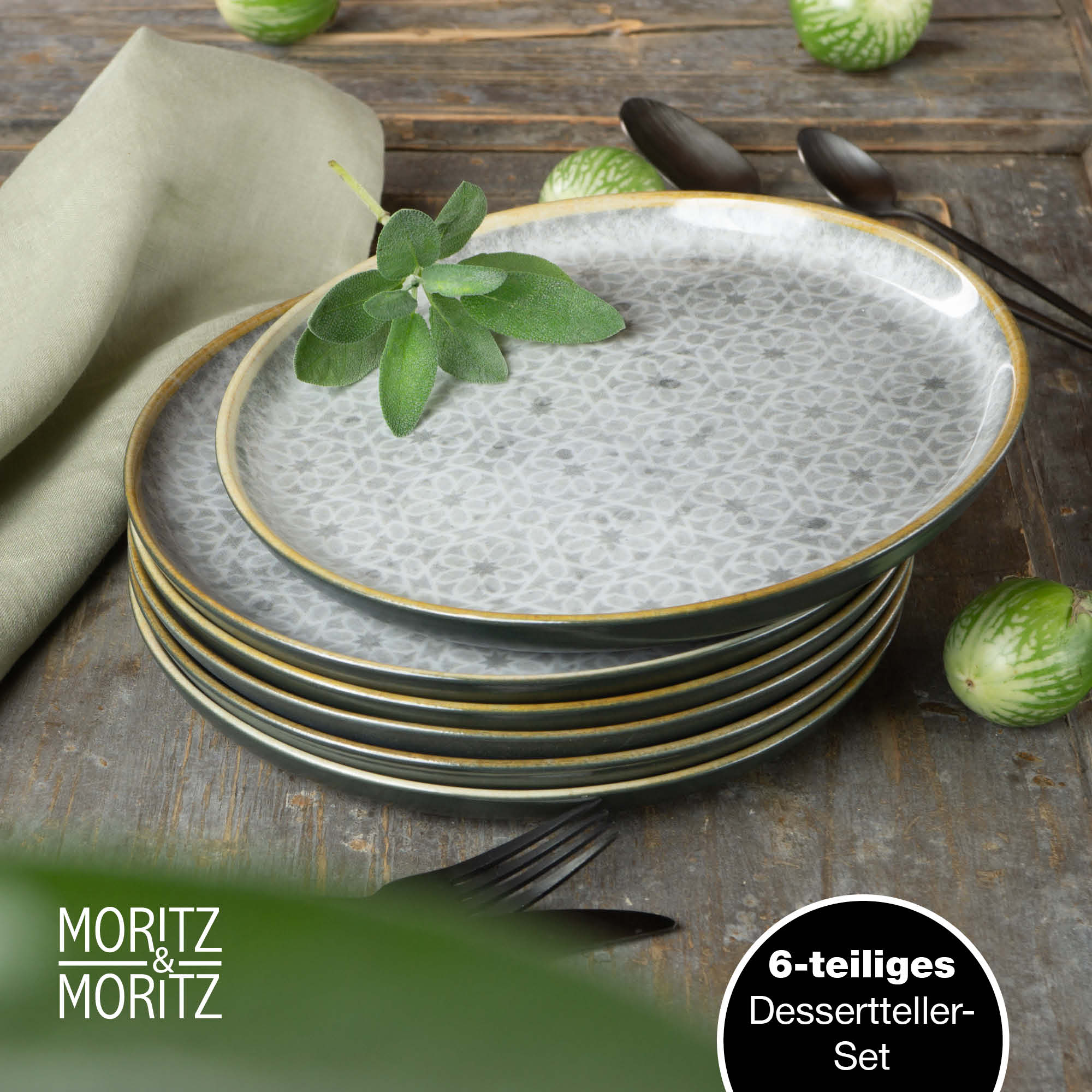 6-teiliges Set Dessertteller mediterran grau - stilvolles Geschirr mit elegantem Design