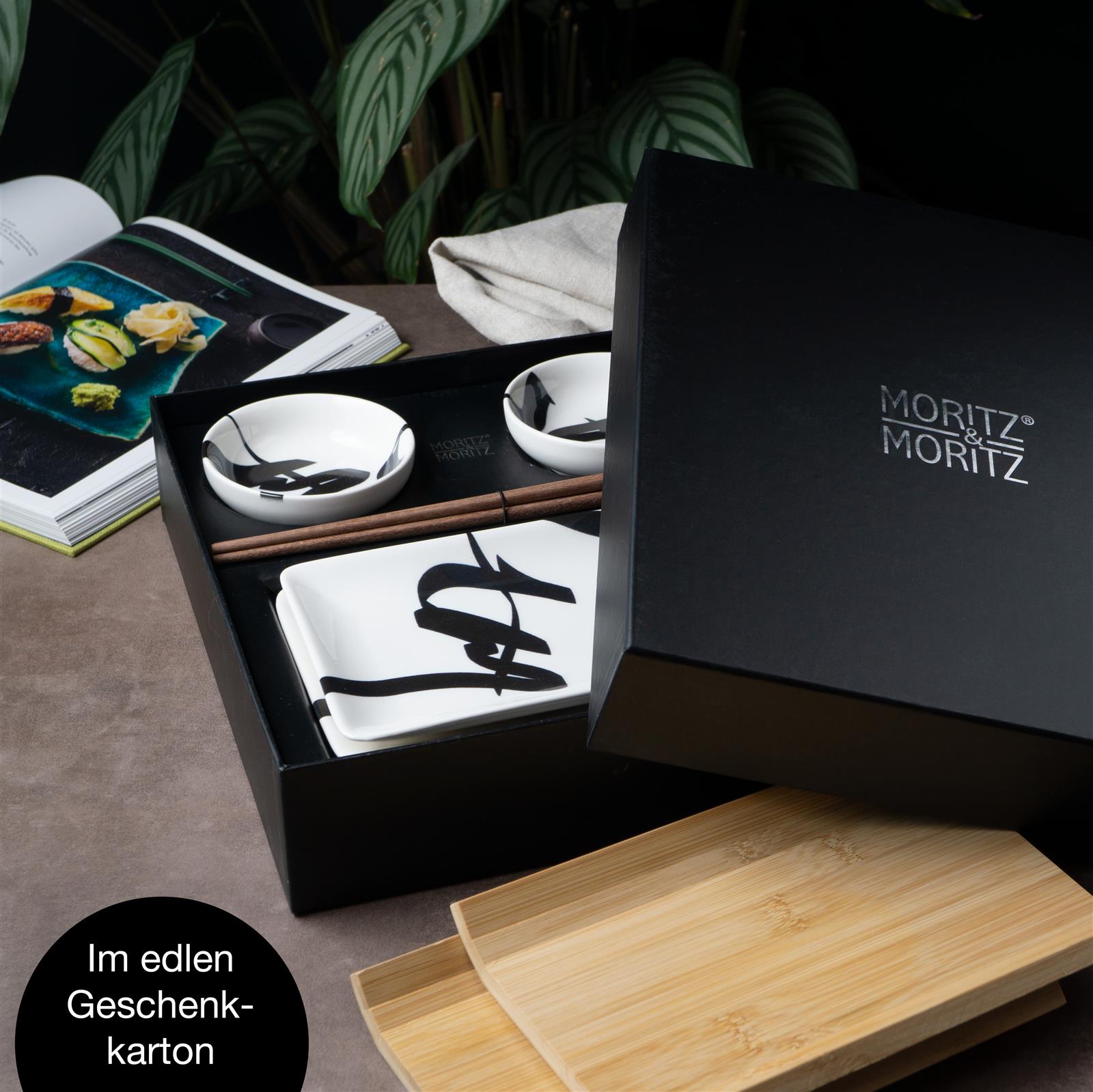Sushi-Geschirr in Schwarz, Gourmet Sushi-Set, 6-teilig, in Schwarz mit traditioneller Pinsel-Schrift