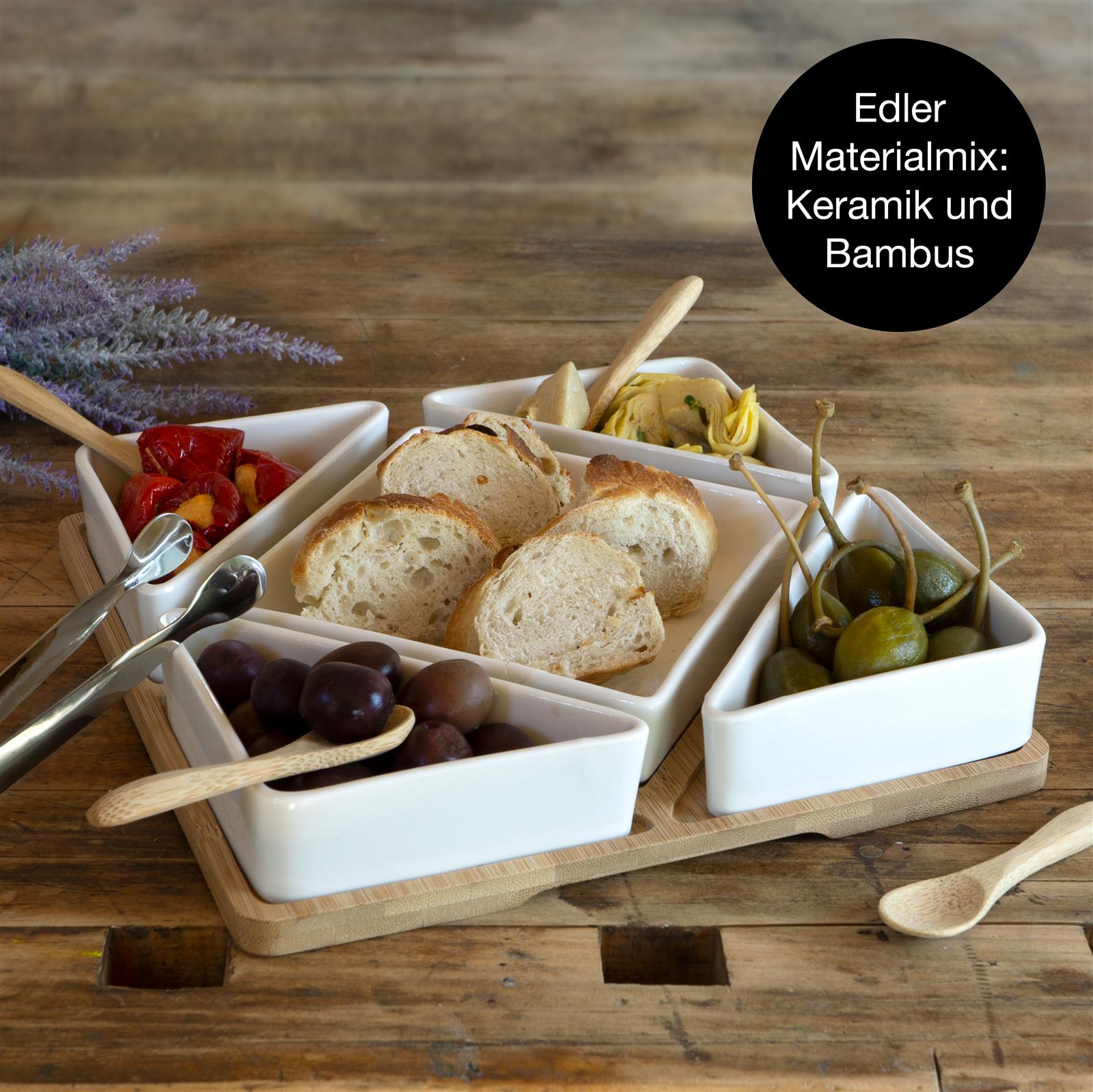 Runde Servierplatte aus Schiefer in Lavendelfarbe auf hellem Hintergrund