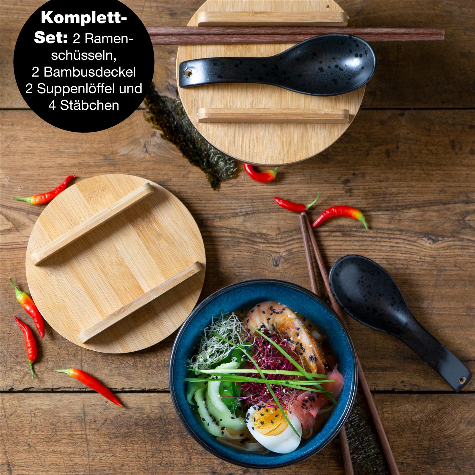 Ramenschale in Blau, Doppelpack blaue Gourmet Ramen Deckel, Design für Servieren von Nudelsuppen, 2-teilig