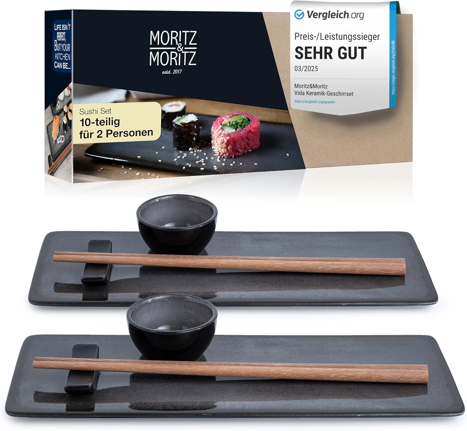 VIDA 10-teilig Sushi Teller anthrazit Asia Geschirr Set, vor weißem Hintergrund